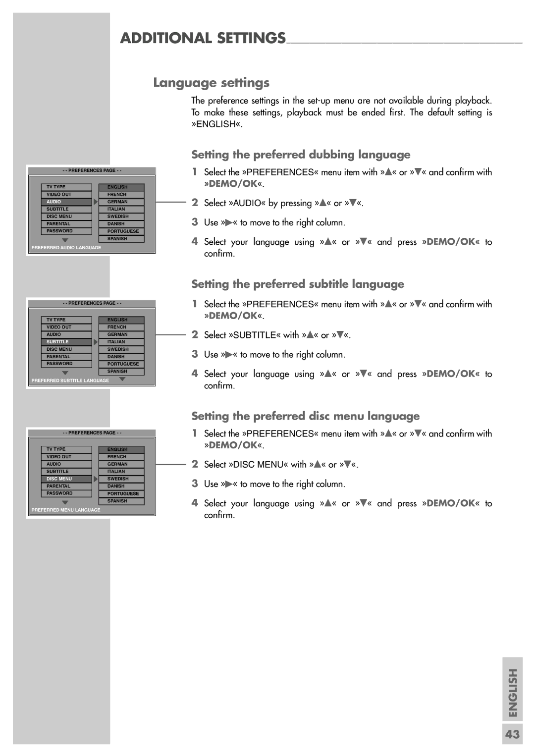 Grundig Scenos UMS 4400 DVD manual Language settings, Setting the preferred dubbing language 