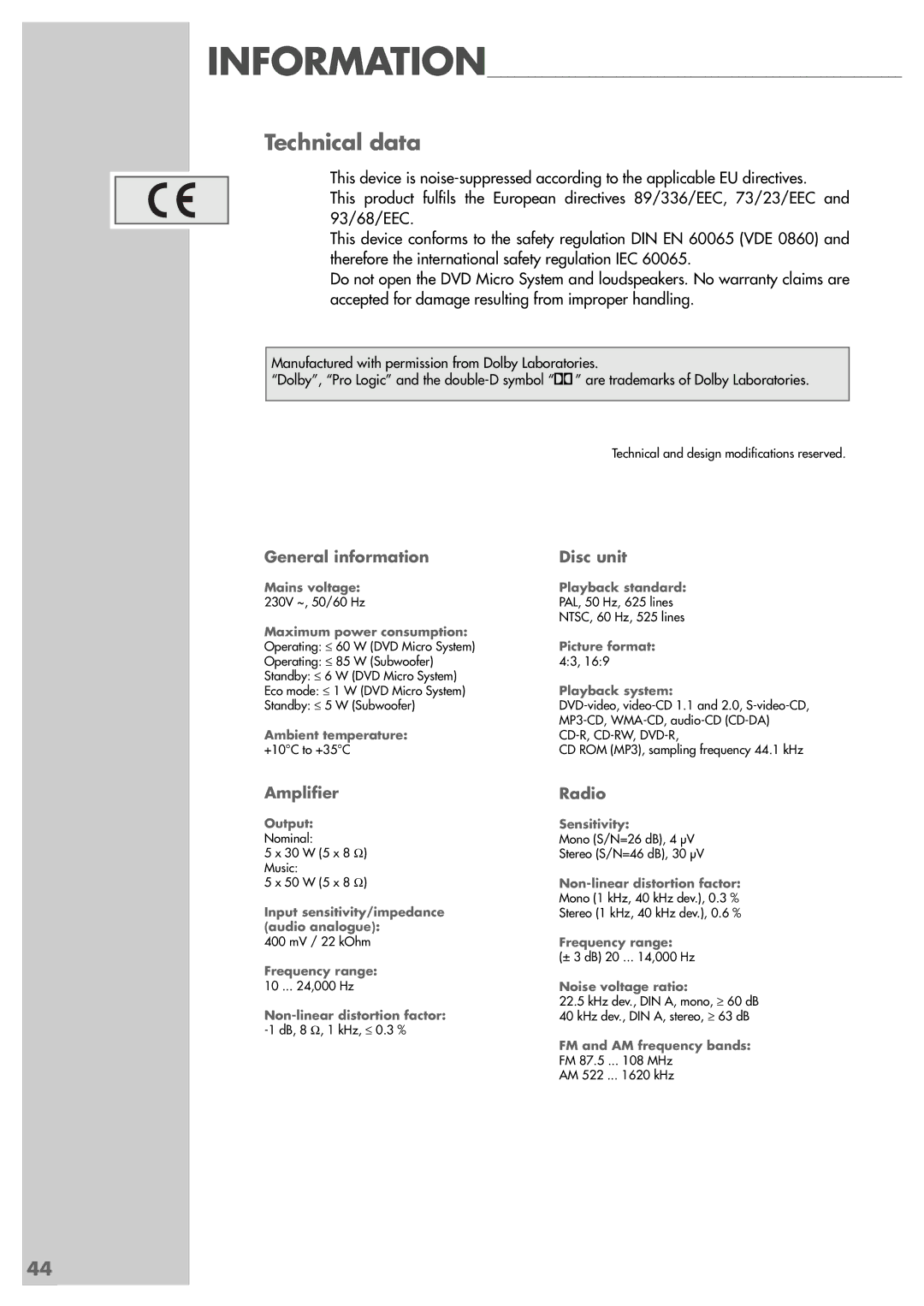 Grundig Scenos UMS 4400 DVD manual Technical data, General information 