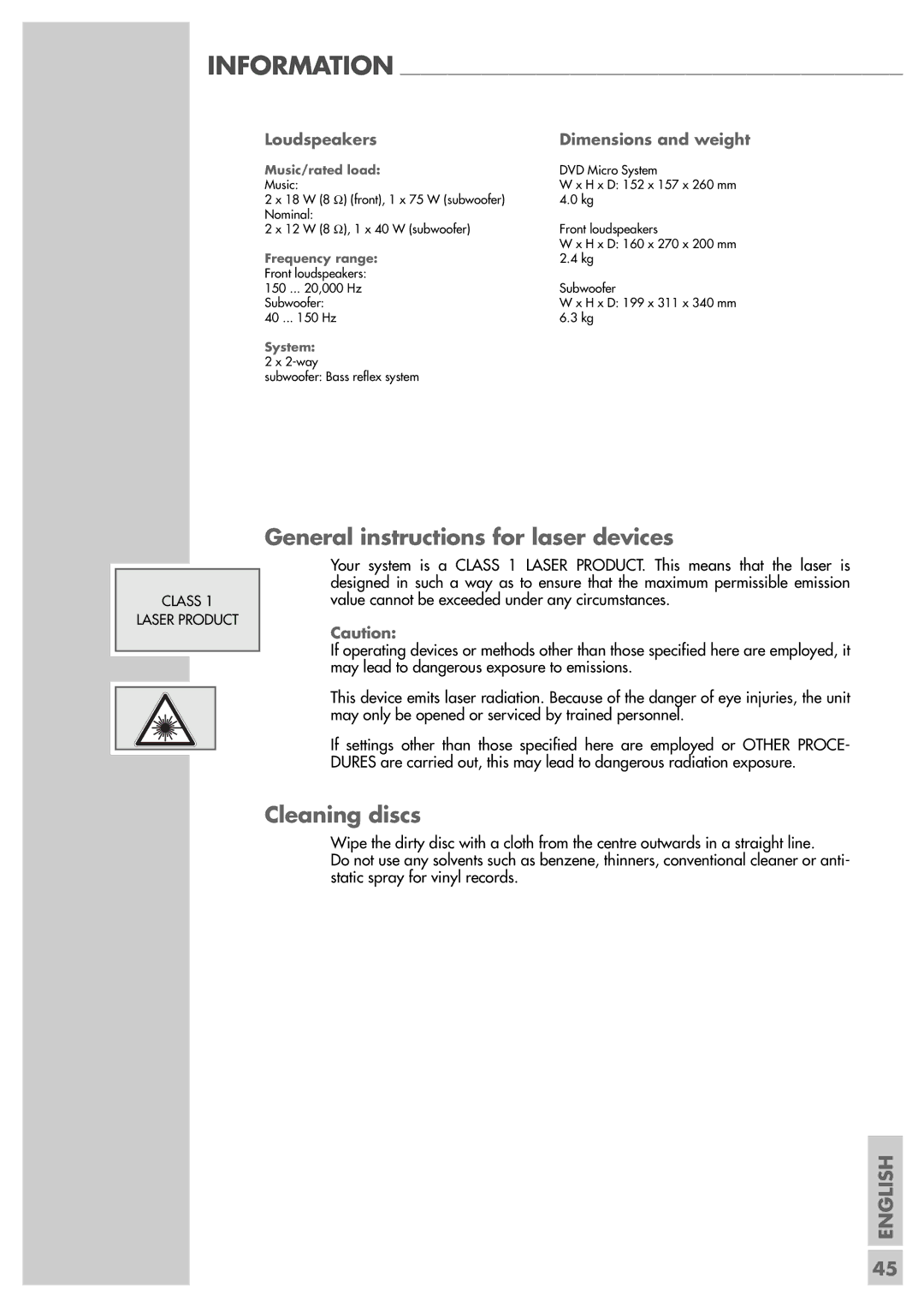 Grundig Scenos UMS 4400 DVD manual General instructions for laser devices, Cleaning discs 