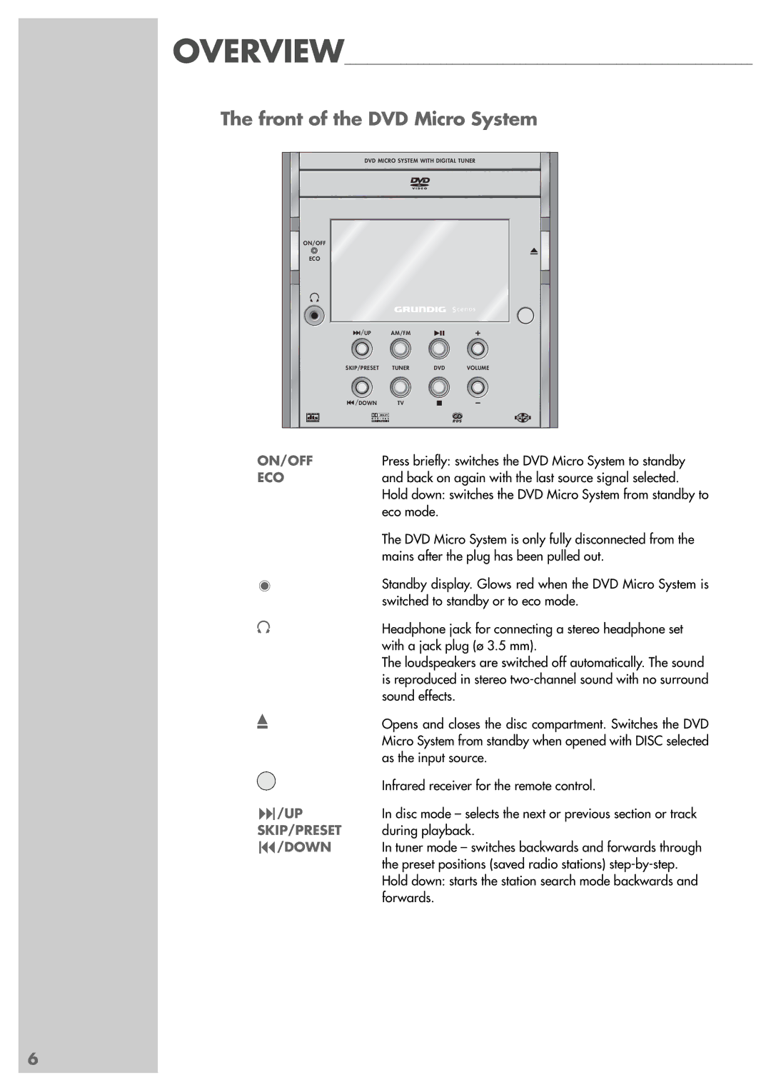 Grundig Scenos UMS 4400 DVD manual Front of the DVD Micro System, On/Off, Eco, Skip/Preset, Down 