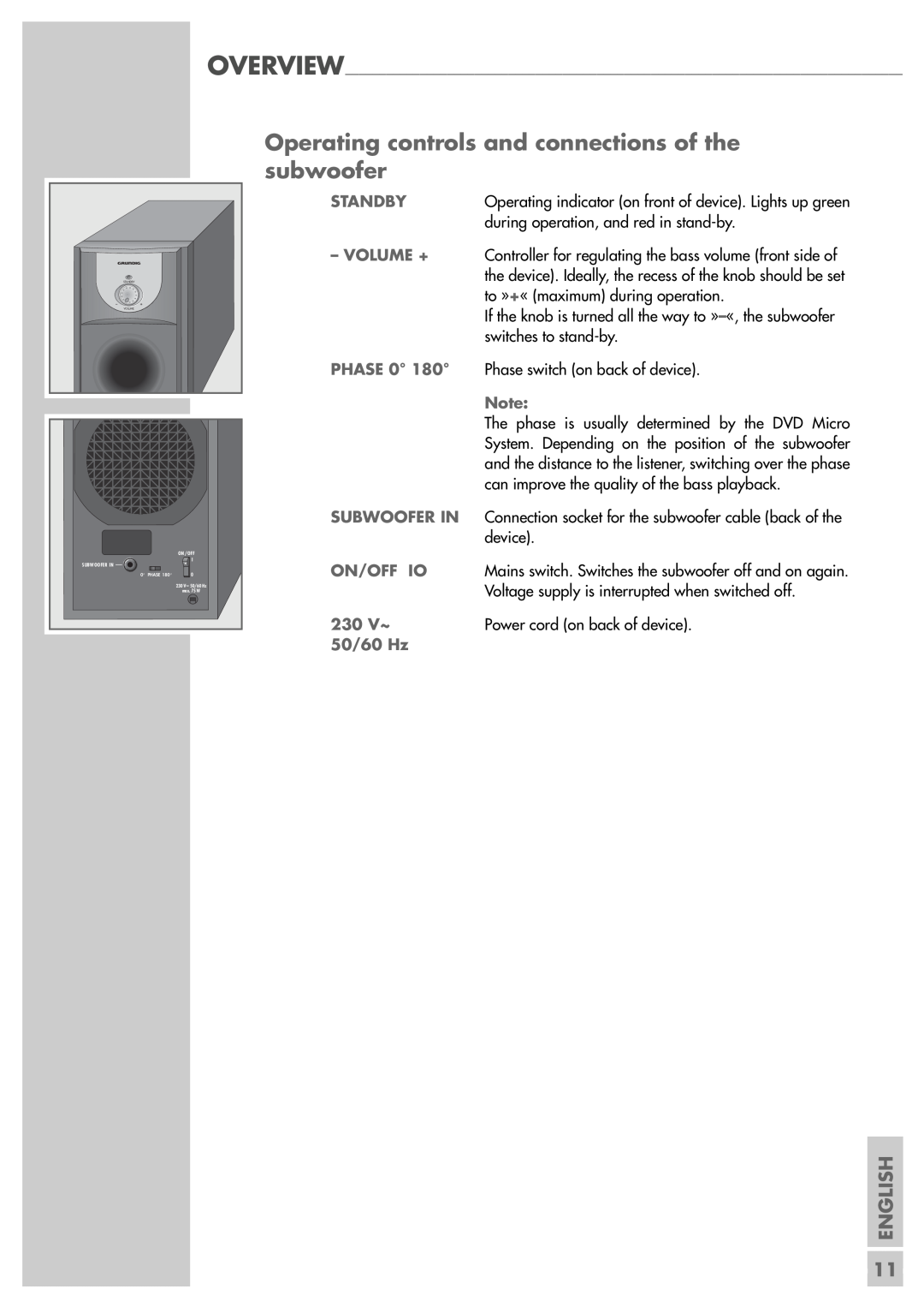 Grundig Scenos UMS 4400 DVD manual Operating controls and connections of the subwoofer, English 
