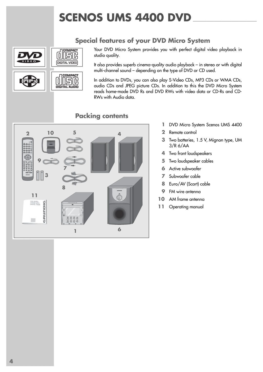Grundig Scenos UMS 4400 DVD manual Special features of your DVD Micro System, Packing contents 
