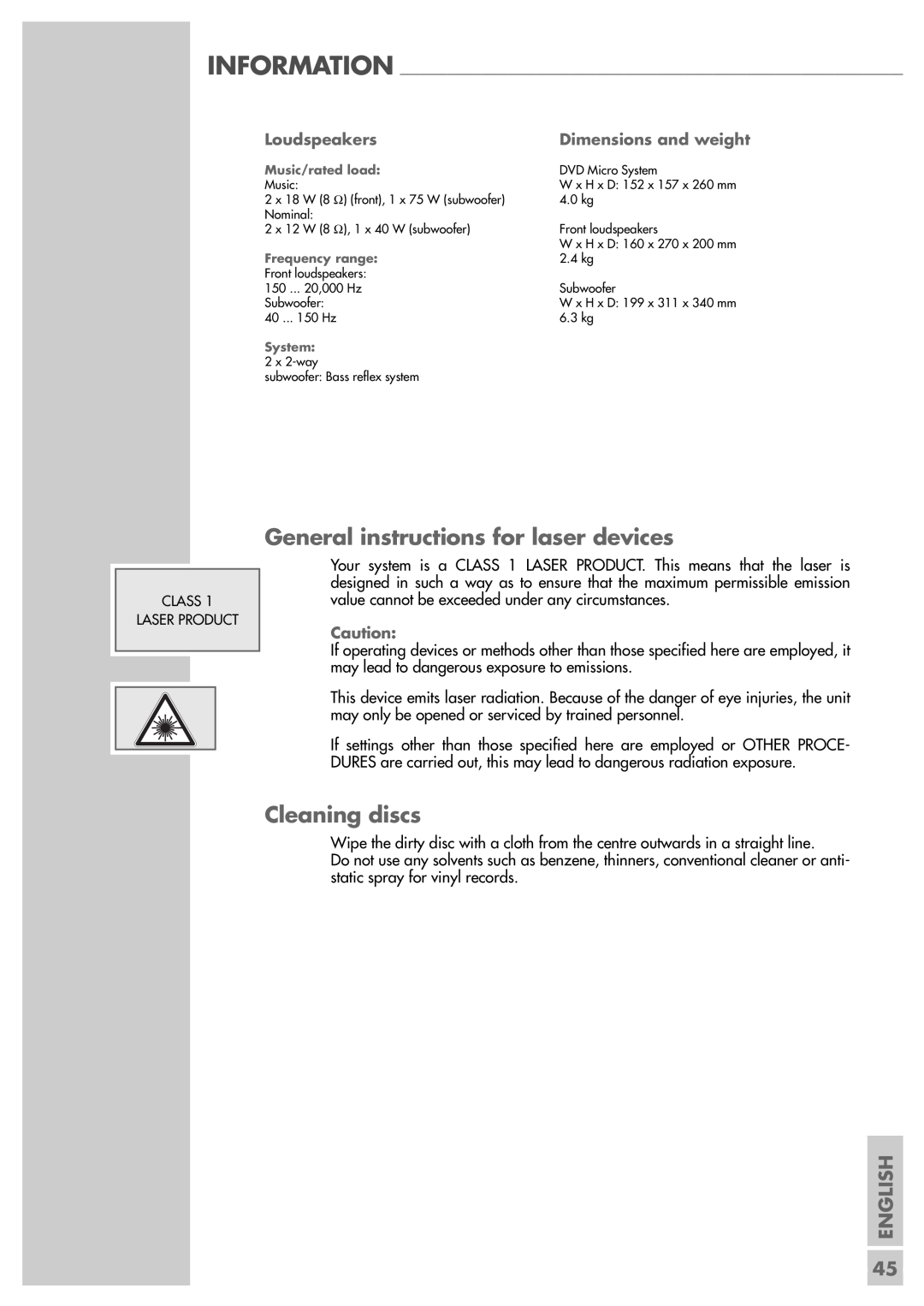 Grundig Scenos UMS 4400 DVD manual General instructions for laser devices, Cleaning discs, English, Loudspeakers 