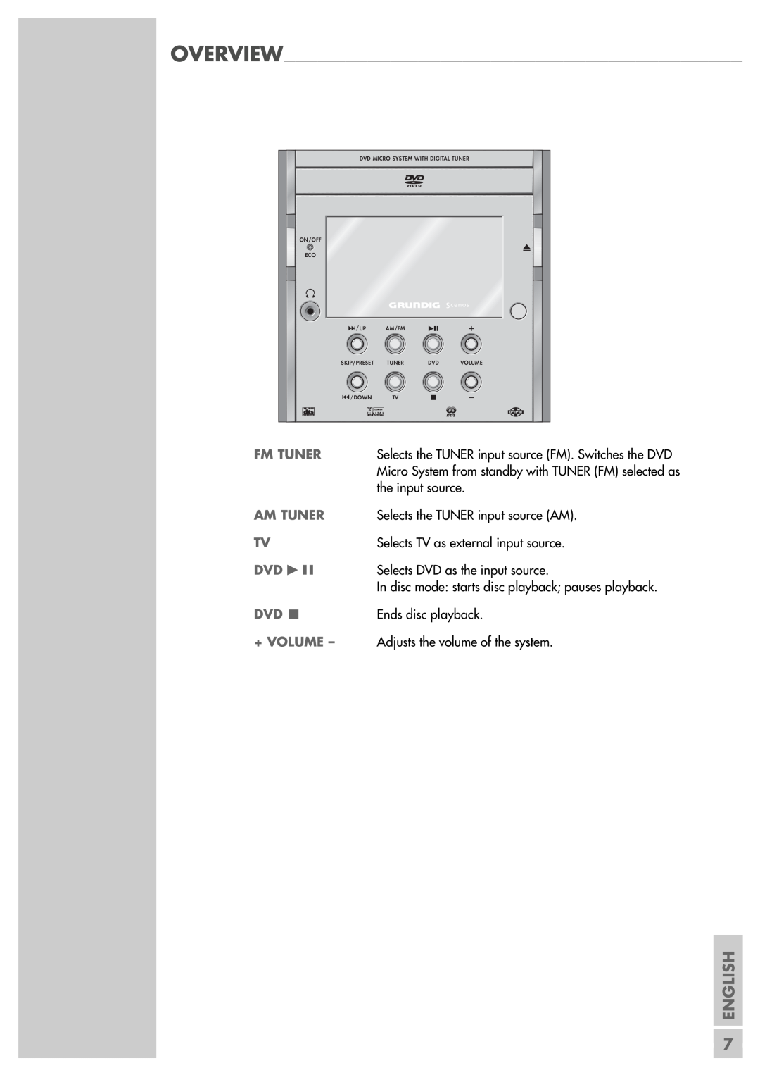 Grundig Scenos UMS 4400 DVD manual English, Selects the TUNER input source FM. Switches the DVD, Overview 