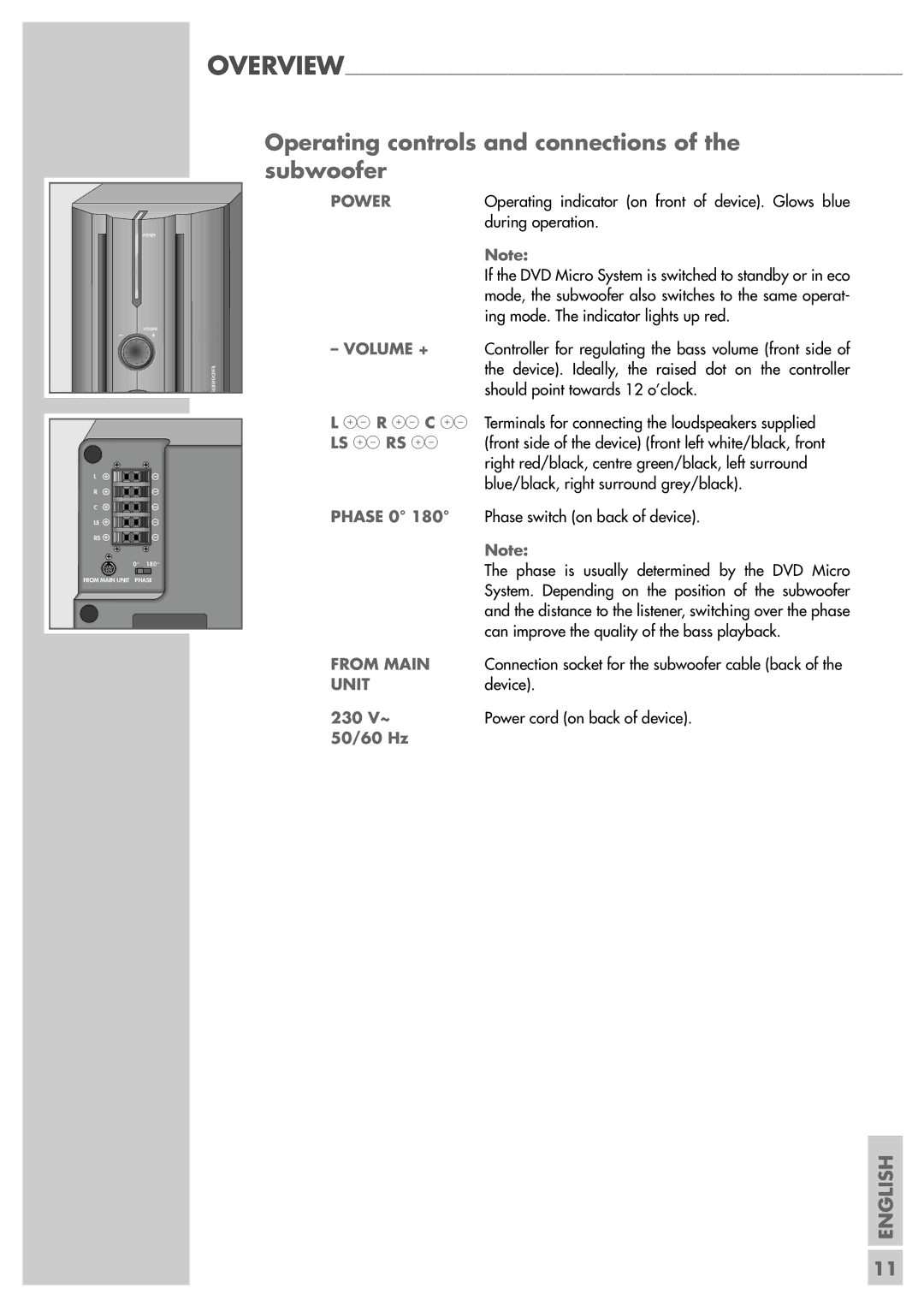 Grundig Scenos UMS 6400 DVD manual Operating controls and connections of the subwoofer, Power, From Main, Unit 