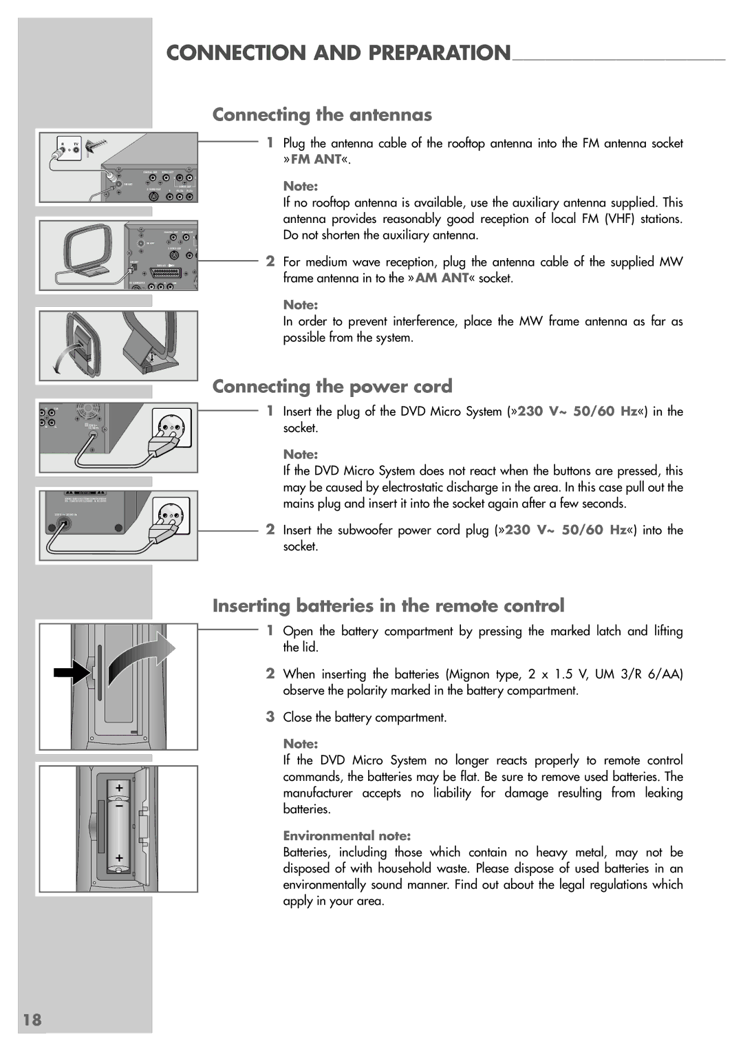 Grundig Scenos UMS 6400 DVD Connecting the antennas, Connecting the power cord, Inserting batteries in the remote control 