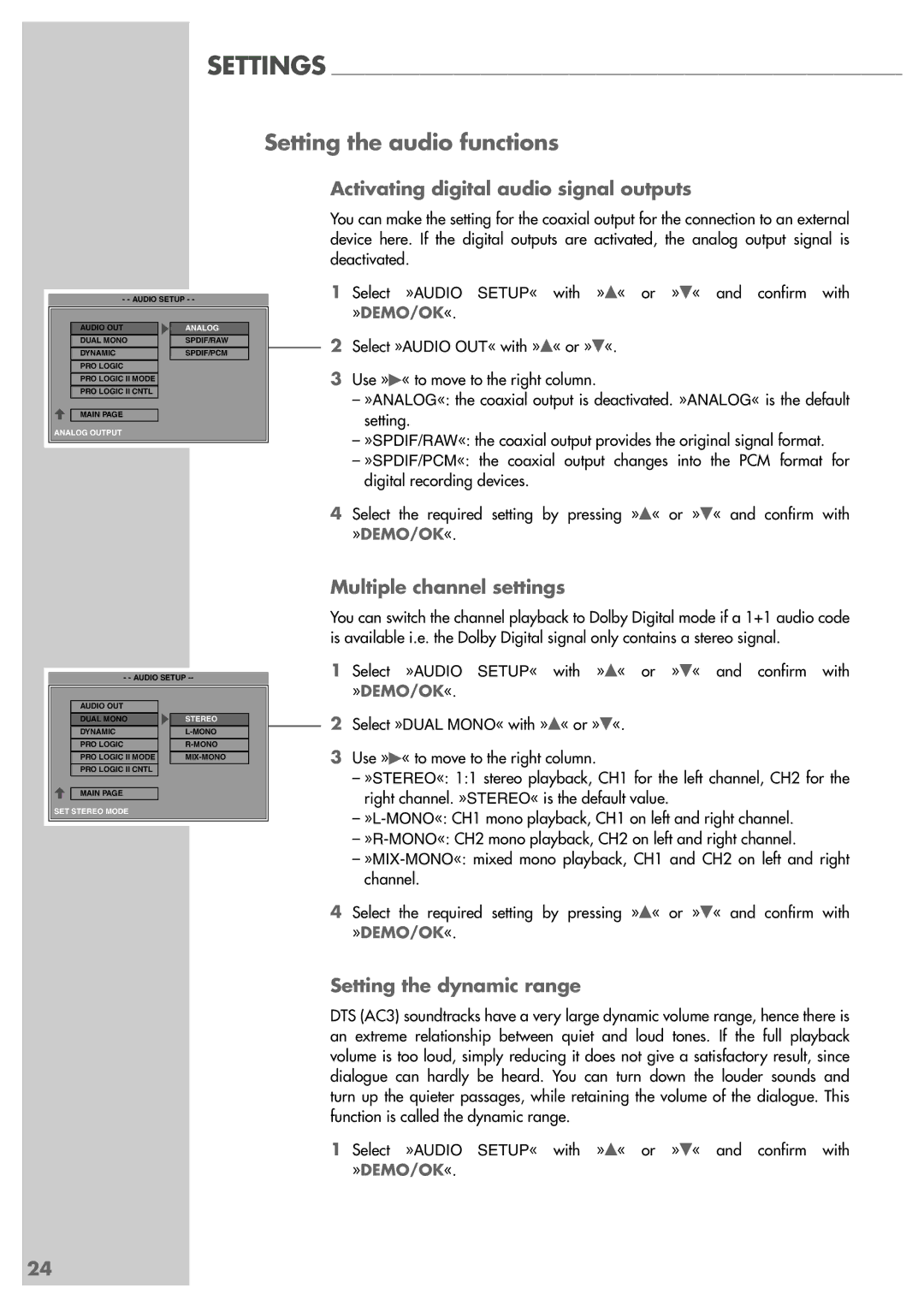 Grundig Scenos UMS 6400 DVD manual Setting the audio functions, Activating digital audio signal outputs 