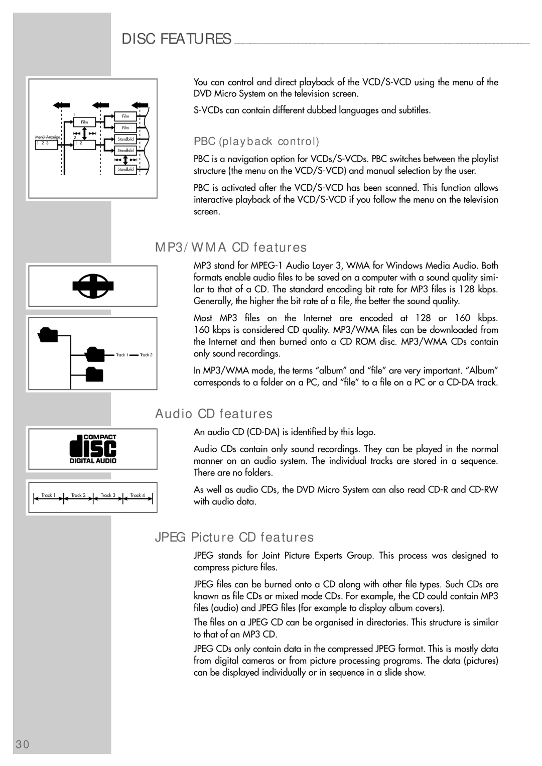 Grundig Scenos UMS 6400 DVD manual MP3/WMA CD features, Audio CD features, Jpeg Picture CD features, PBC playback control 