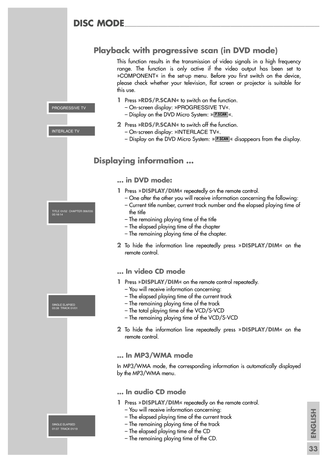 Grundig Scenos UMS 6400 DVD manual Playback with progressive scan in DVD mode, Displaying information 