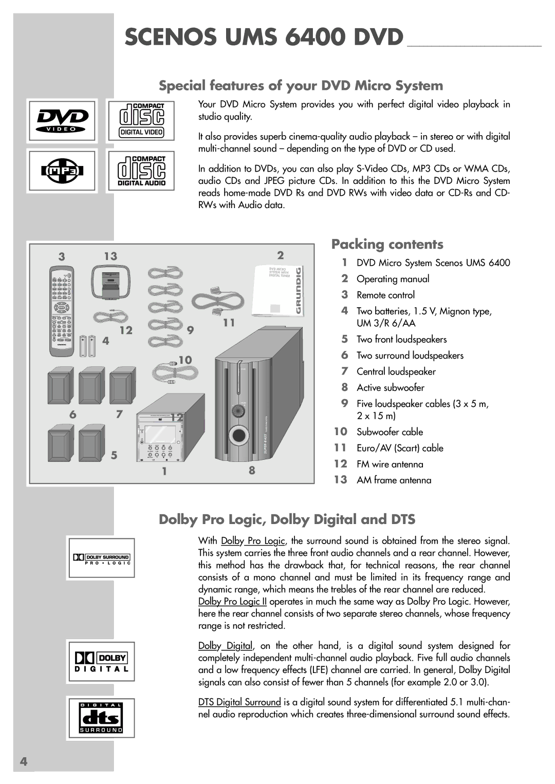 Grundig Scenos UMS 6400 DVD manual Special features of your DVD Micro System, Packing contents 