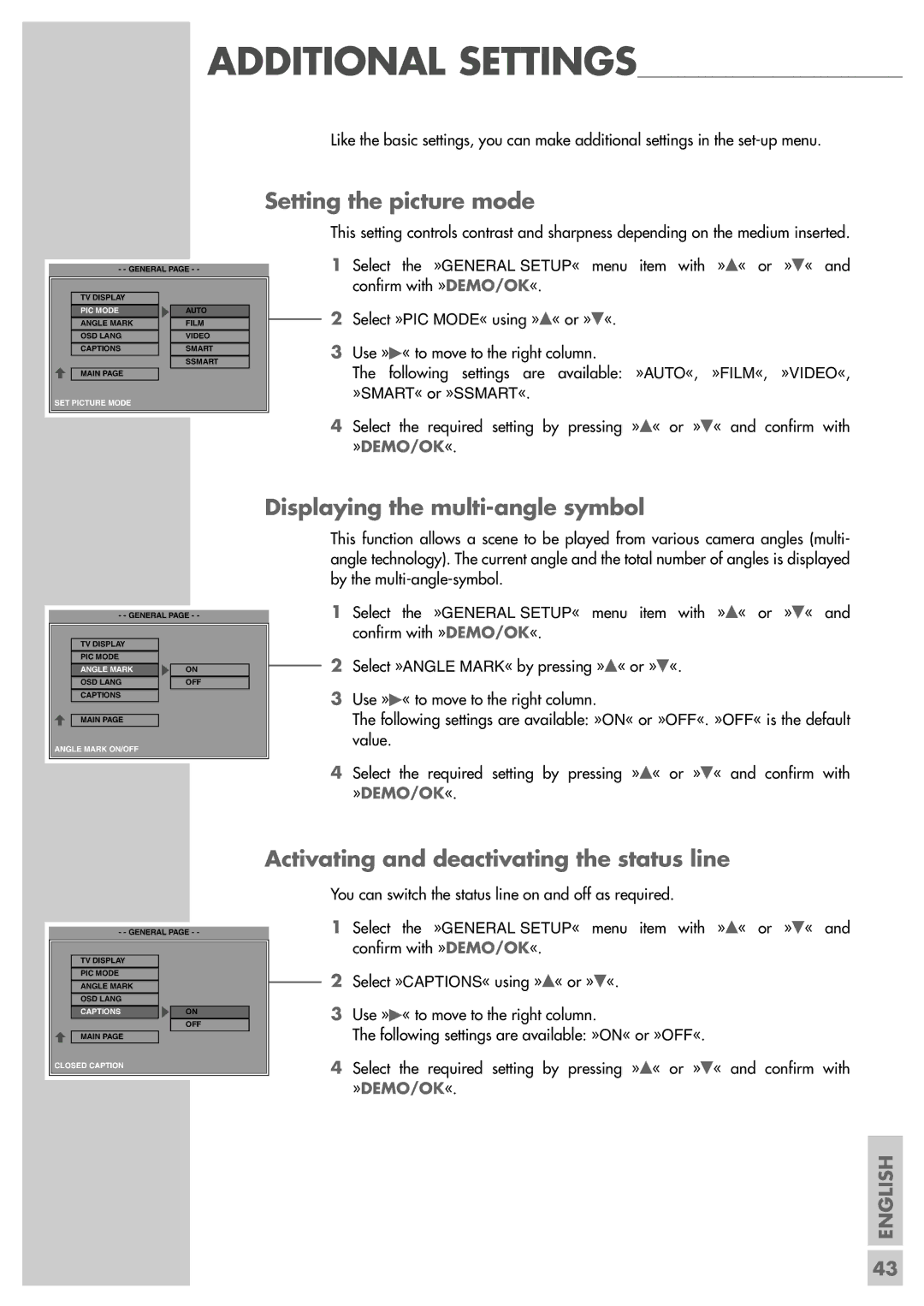 Grundig Scenos UMS 6400 DVD manual Setting the picture mode, Displaying the multi-angle symbol 