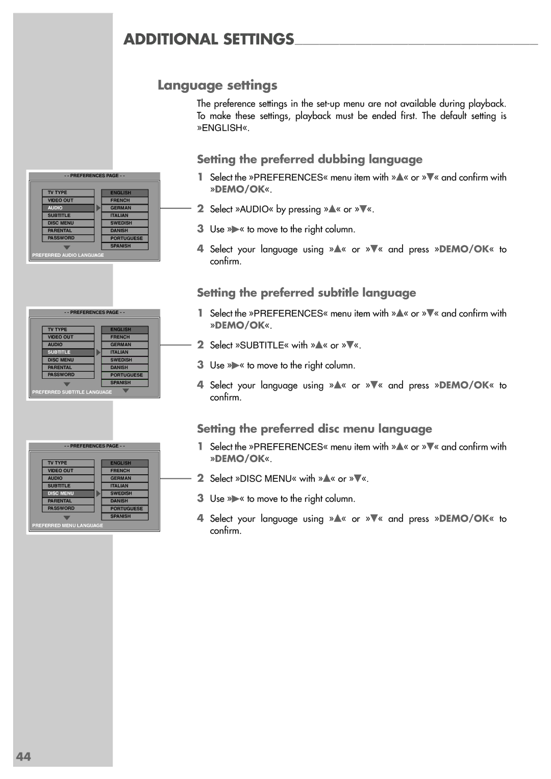 Grundig Scenos UMS 6400 DVD manual Language settings, Setting the preferred dubbing language 