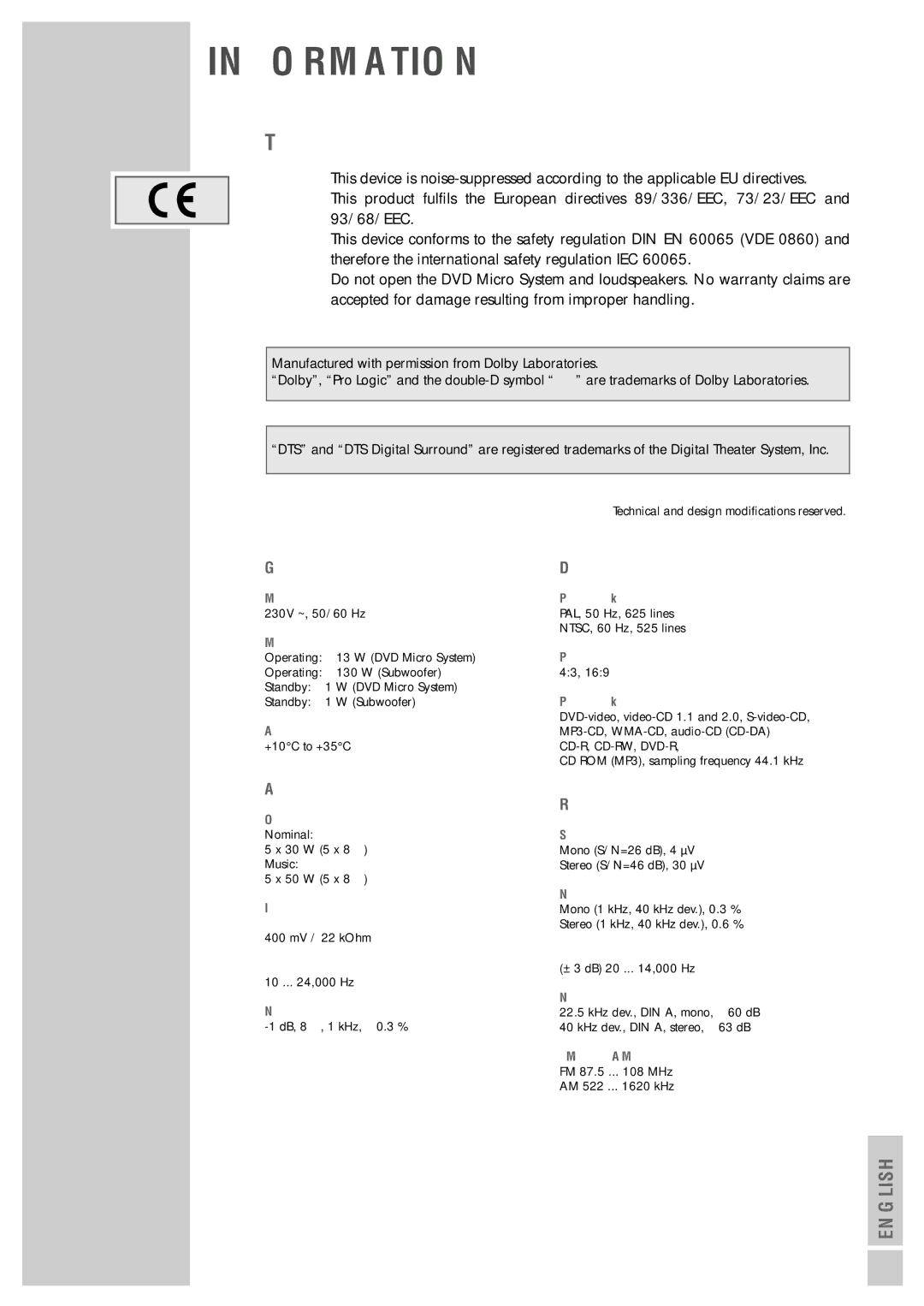 Grundig Scenos UMS 6400 DVD manual Technical data, General information, Amplifier, Disc unit, Radio 