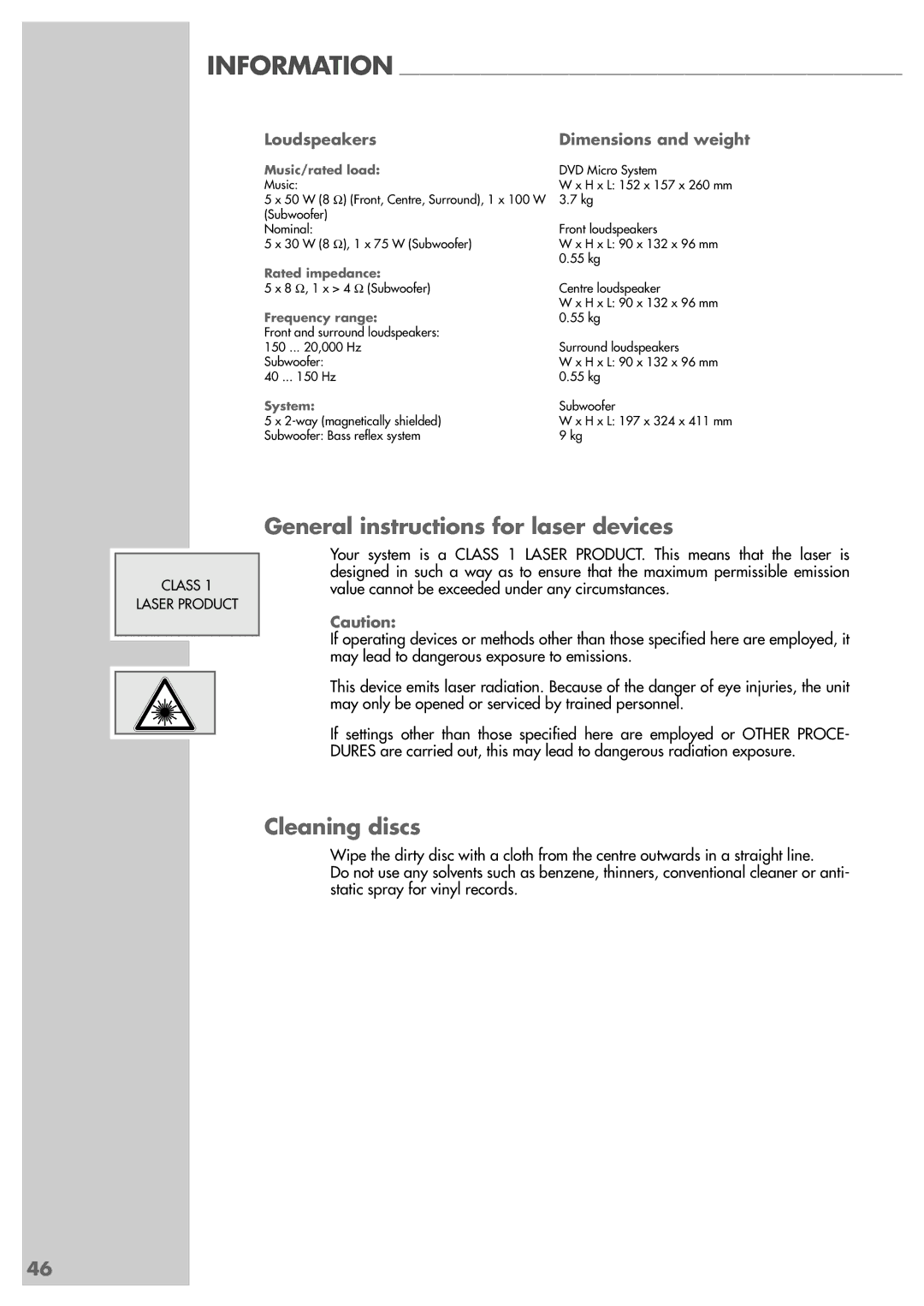 Grundig Scenos UMS 6400 DVD General instructions for laser devices, Cleaning discs, Loudspeakers Dimensions and weight 