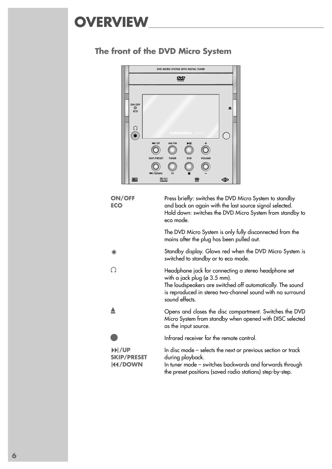 Grundig Scenos UMS 6400 DVD manual Front of the DVD Micro System, ON/OFF ECO SKIP/PRESET 8/DOWN 