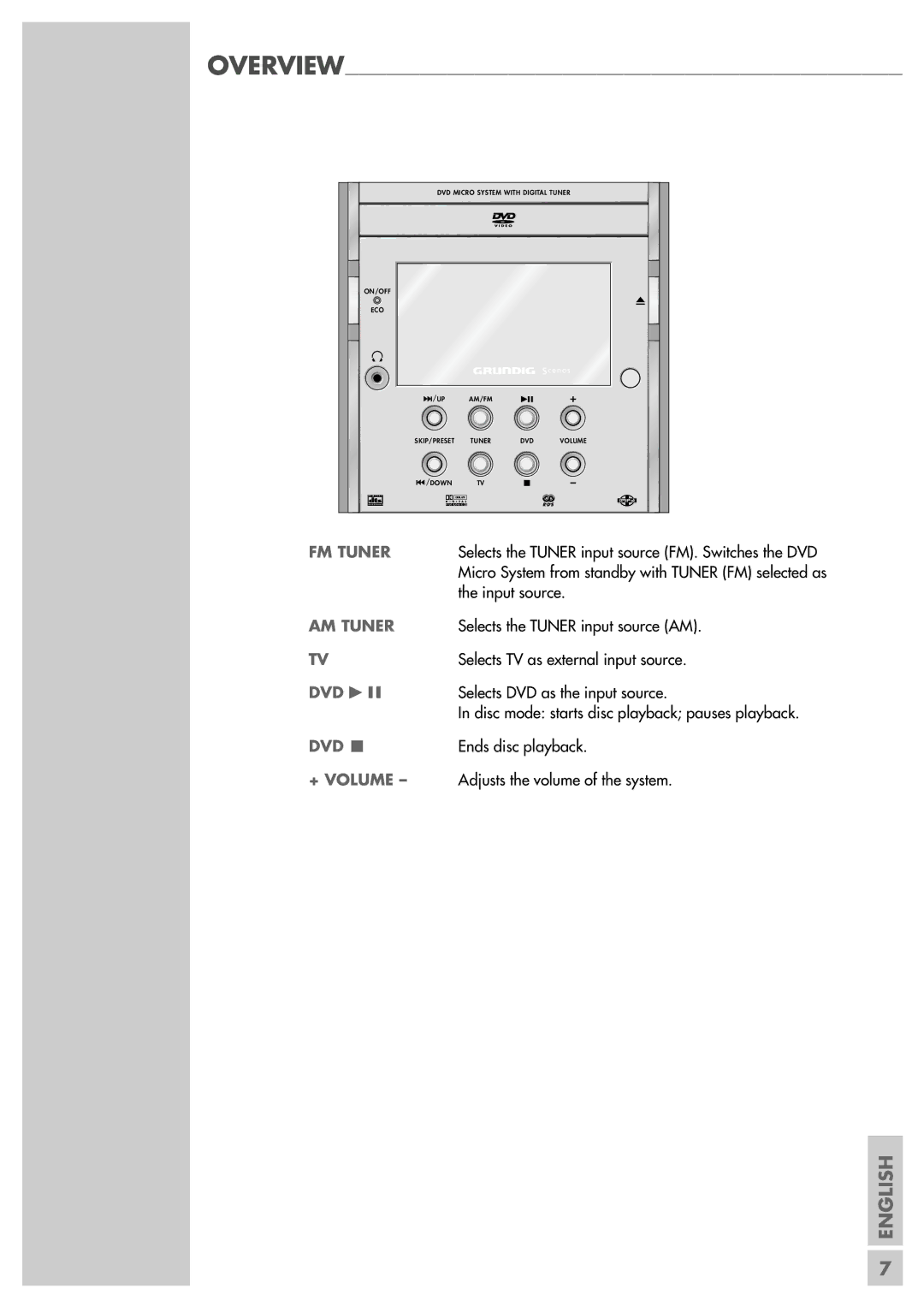 Grundig Scenos UMS 6400 DVD manual FM Tuner, AM Tuner, Dvd, + Volume 