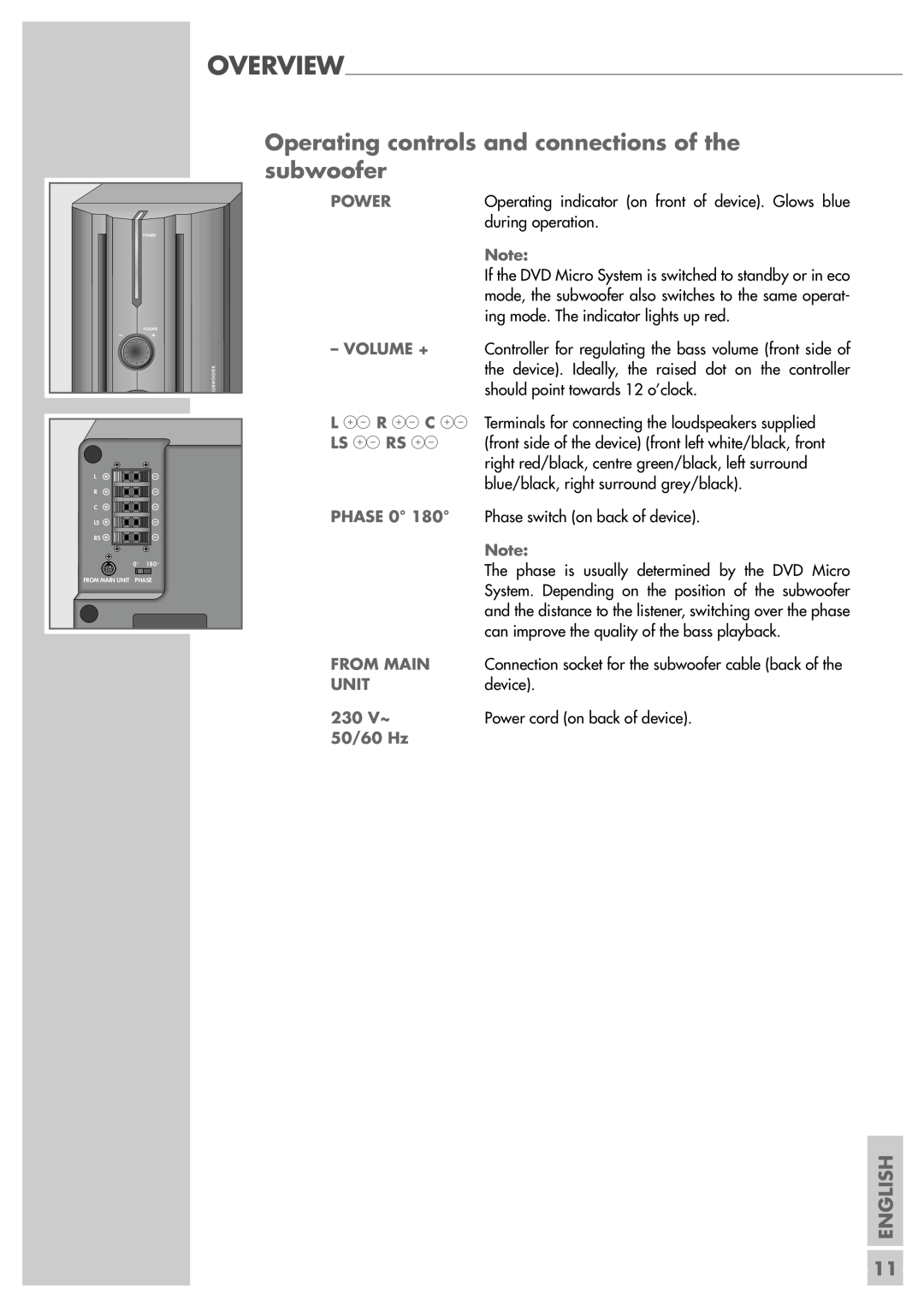 Grundig Scenos UMS 6400 DVD manual Operating controls and connections of the subwoofer, English, during operation 