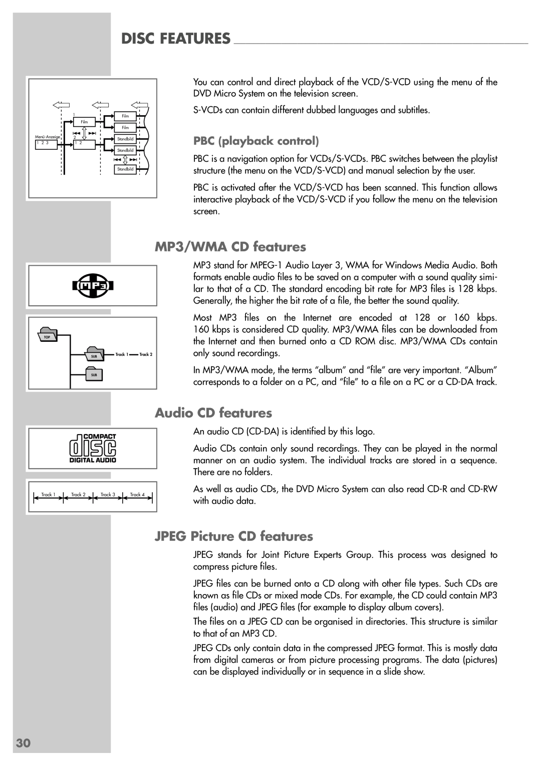 Grundig Scenos UMS 6400 DVD manual MP3/WMA CD features, Audio CD features, JPEG Picture CD features, PBC playback control 