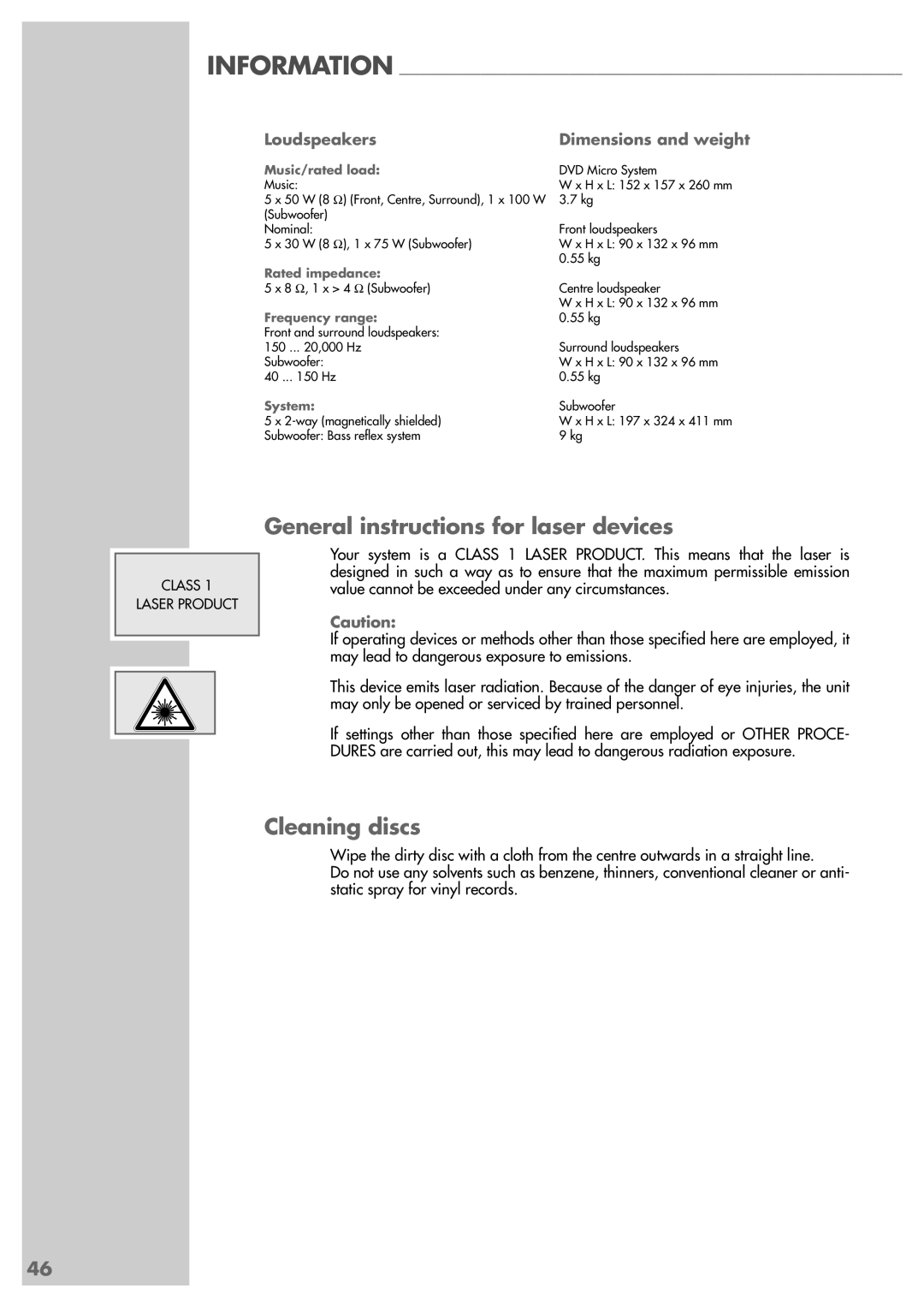 Grundig Scenos UMS 6400 DVD General instructions for laser devices, Cleaning discs, Loudspeakers, Dimensions and weight 