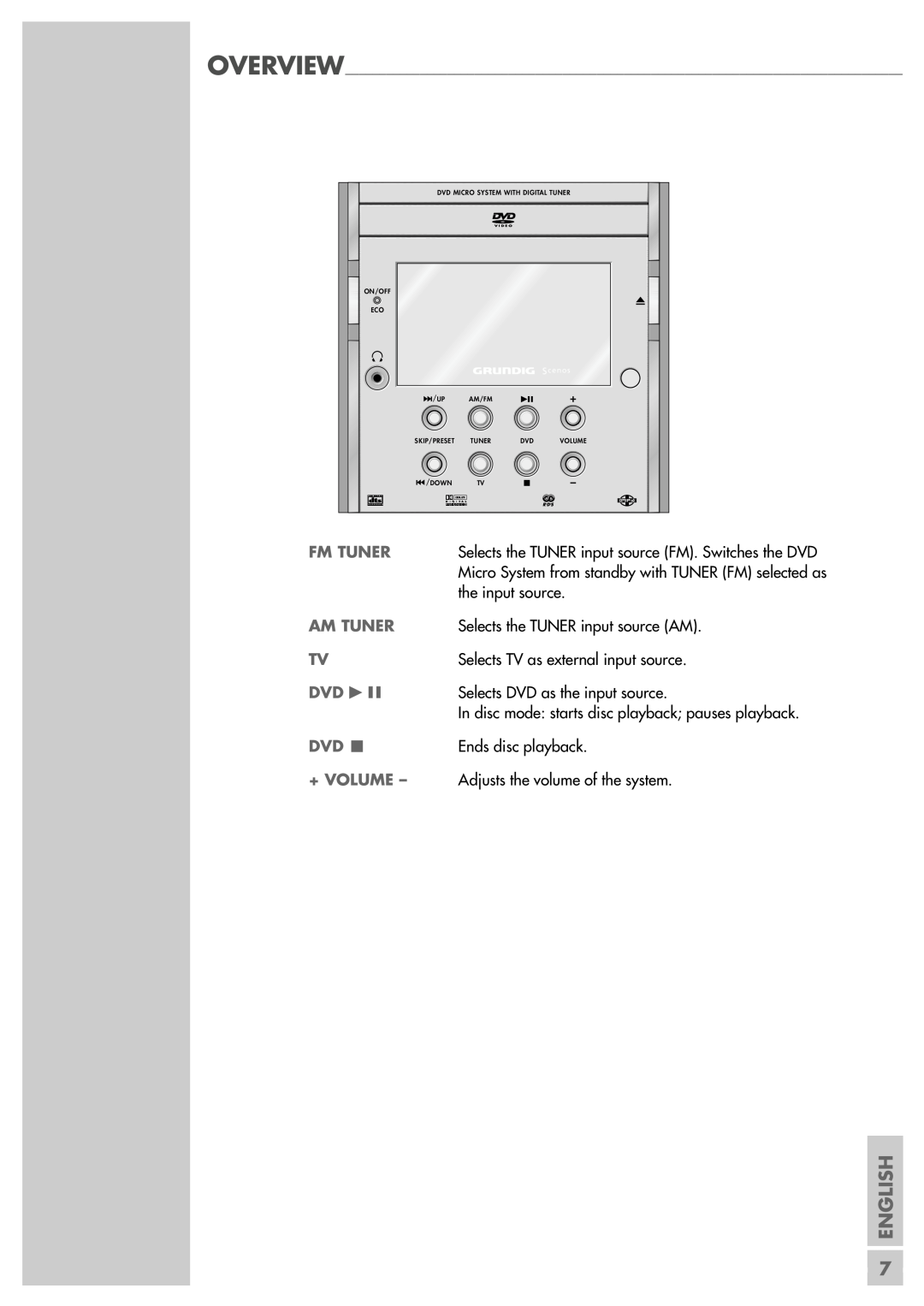 Grundig Scenos UMS 6400 DVD manual English, Selects the TUNER input source FM. Switches the DVD, Overview 