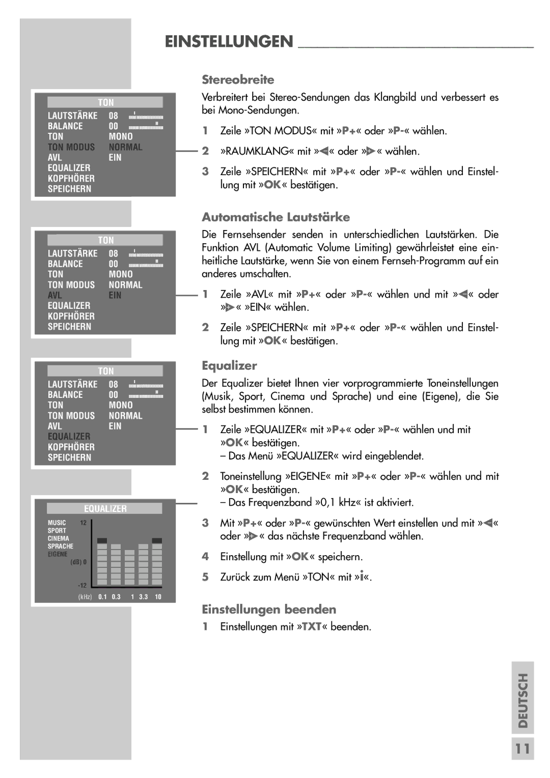 Grundig Sedance 70 manual Stereobreite, Automatische Lautstärke, Equalizer 