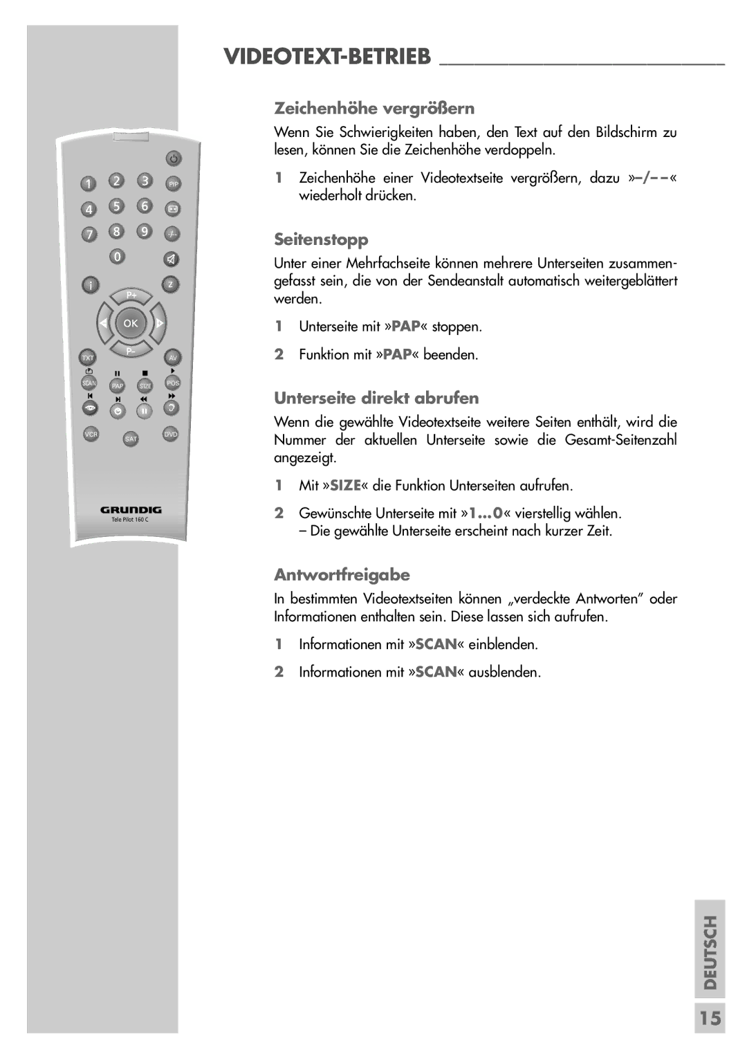 Grundig Sedance 70 manual Zeichenhöhe vergrößern, Seitenstopp, Unterseite direkt abrufen, Antwortfreigabe 