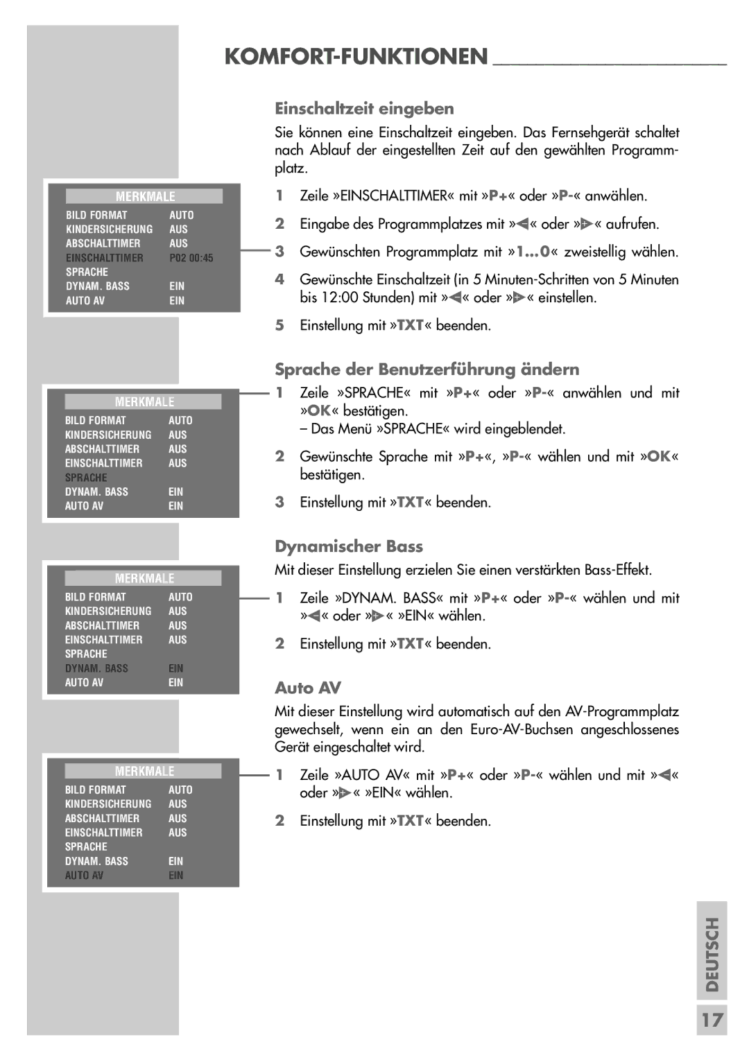 Grundig Sedance 70 manual Einschaltzeit eingeben, Sprache der Benutzerführung ändern, Dynamischer Bass, Auto AV 