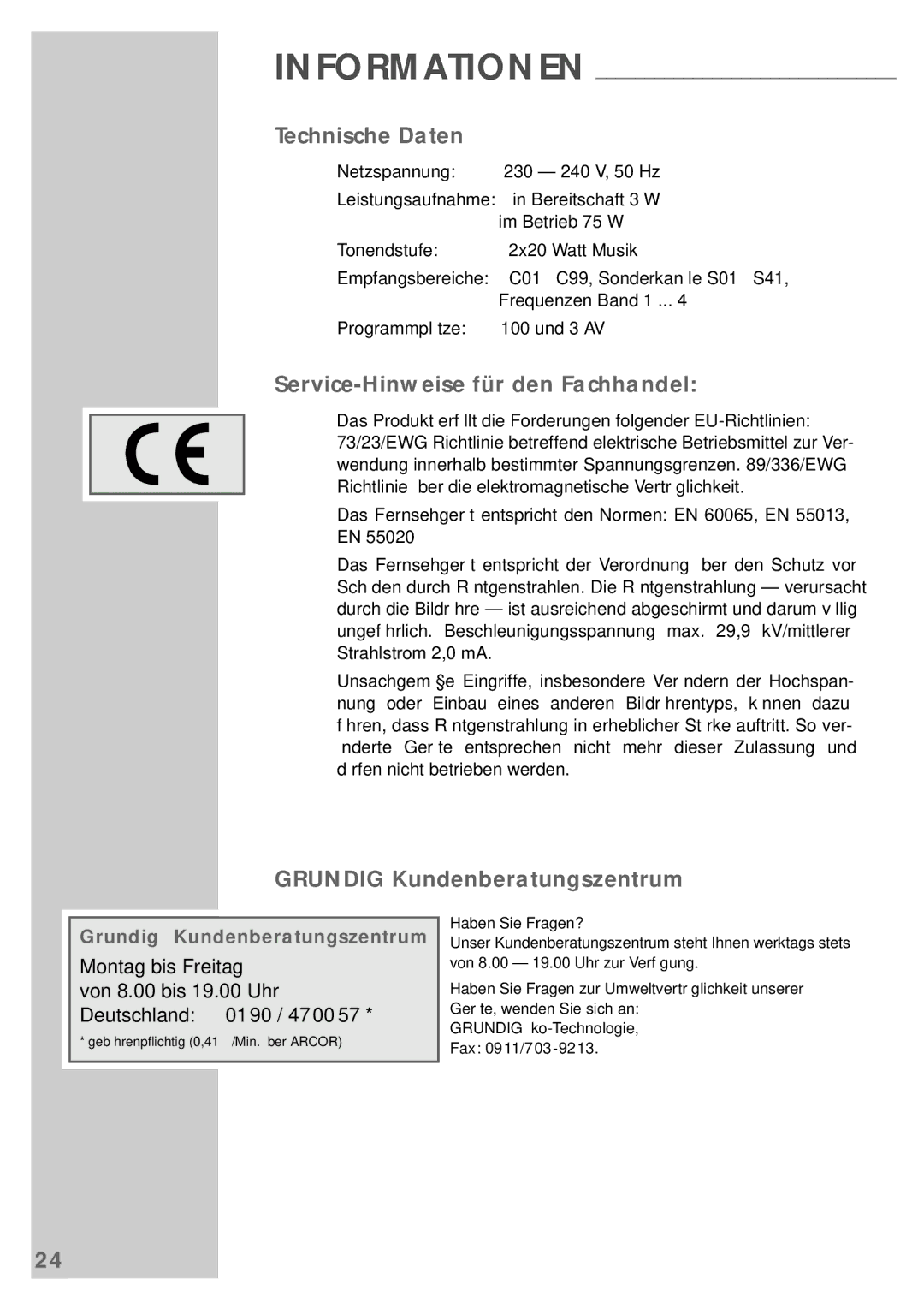 Grundig Sedance 70 manual Technische Daten, Service-Hinweise für den Fachhandel, Grundig Kundenberatungszentrum 