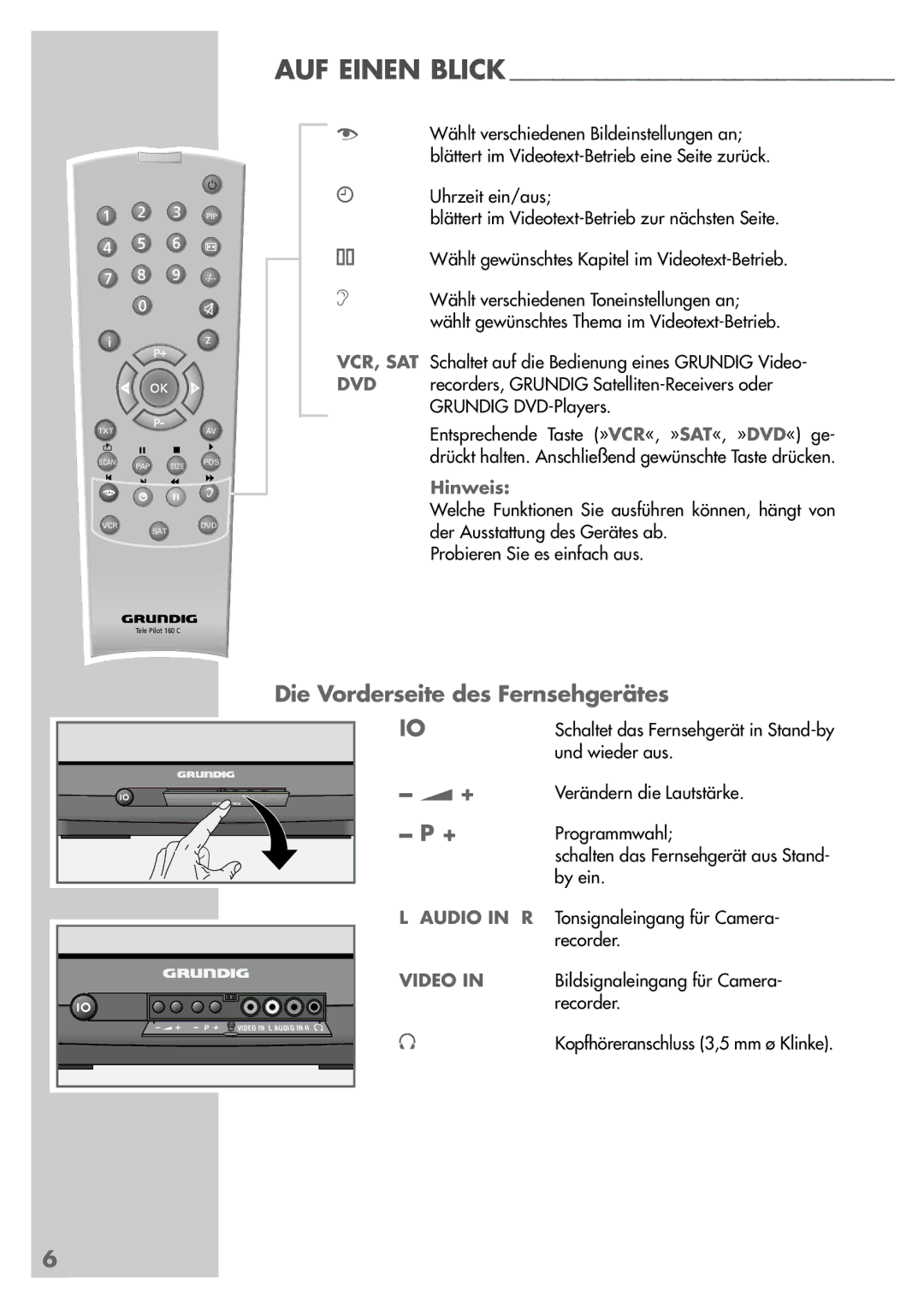 Grundig Sedance 70 manual Die Vorderseite des Fernsehgerätes, Wählt gewünschtes Kapitel im Videotext-Betrieb 