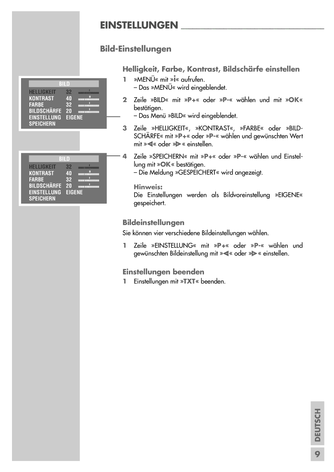 Grundig Sedance 70 manual Bild-Einstellungen, Helligkeit, Farbe, Kontrast, Bildschärfe einstellen, Bildeinstellungen 