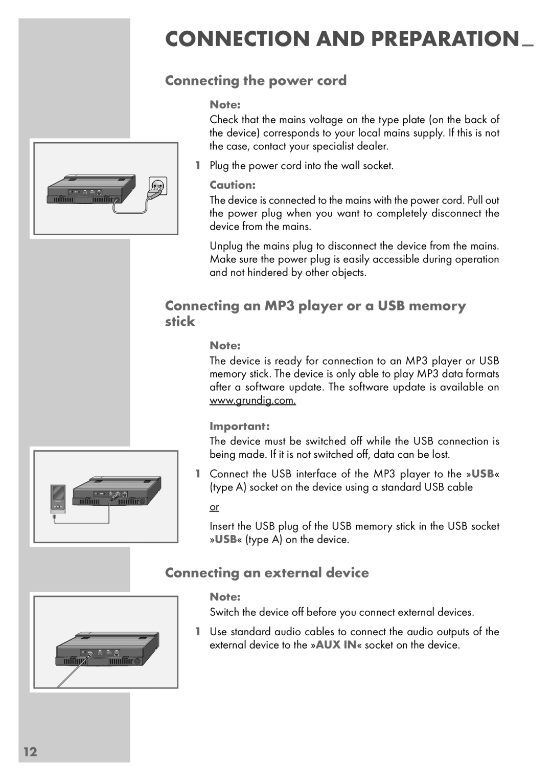 Grundig Sonoclock 890 WEB manual Connecting the power cord, Connecting an MP3 player or a USB memory stick 