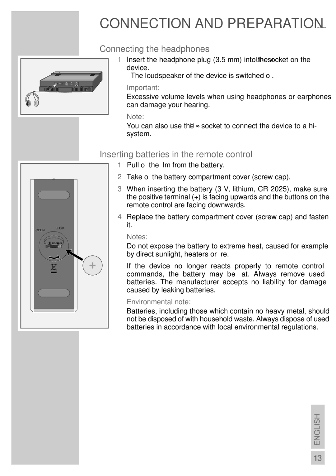 Grundig Sonoclock 890 WEB manual Connecting the headphones, Inserting batteries in the remote control 