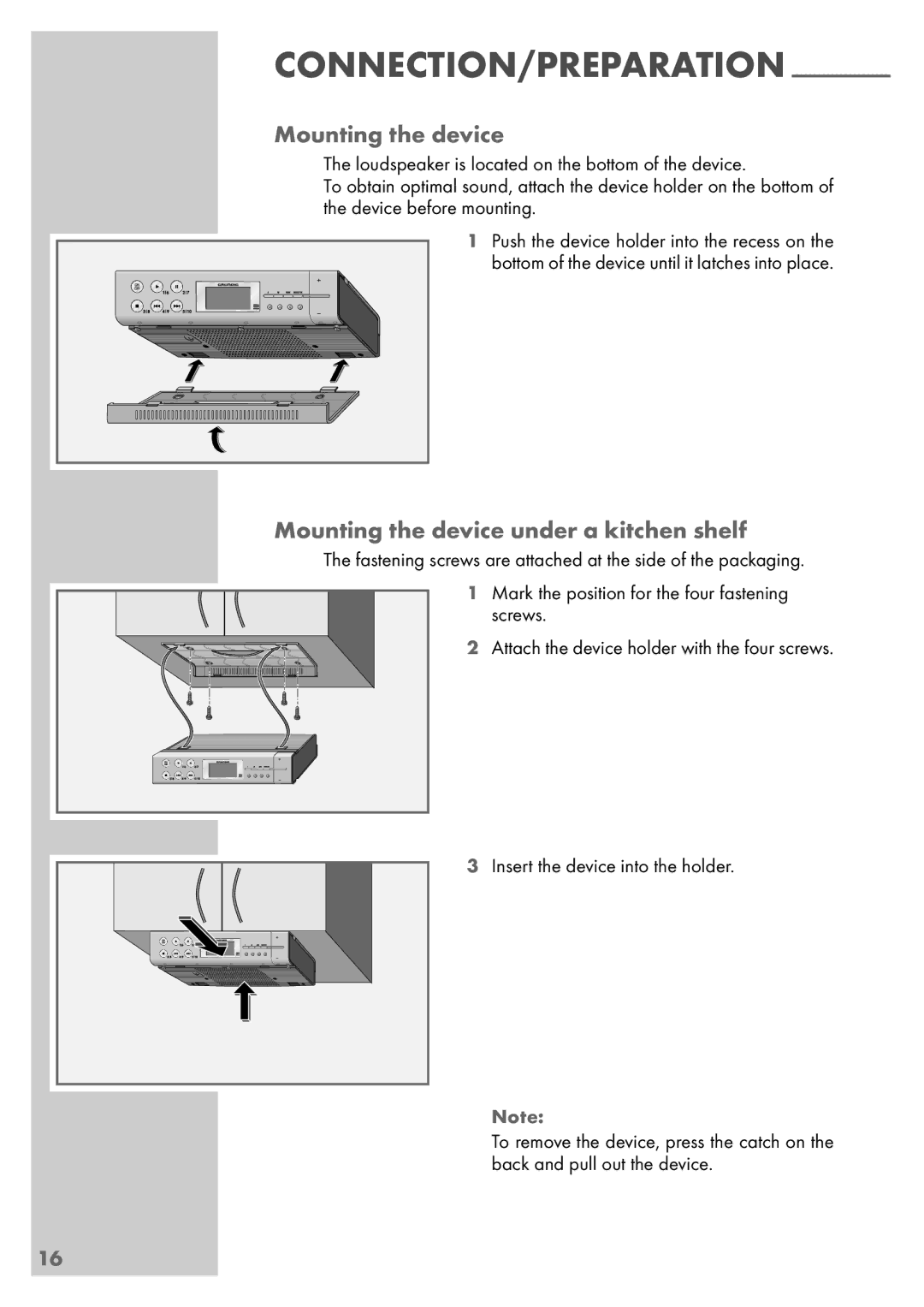 Grundig Sonoclock 890 WEB manual Mounting the device under a kitchen shelf 