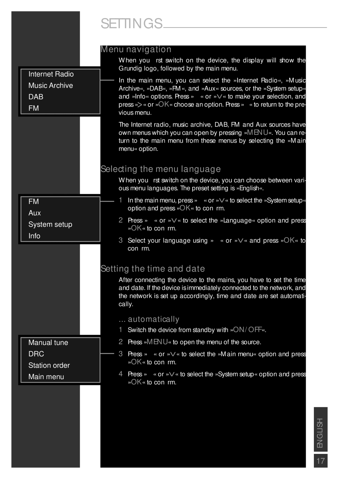 Grundig Sonoclock 890 WEB manual Menu navigation, Selecting the menu language, Setting the time and date, Automatically 