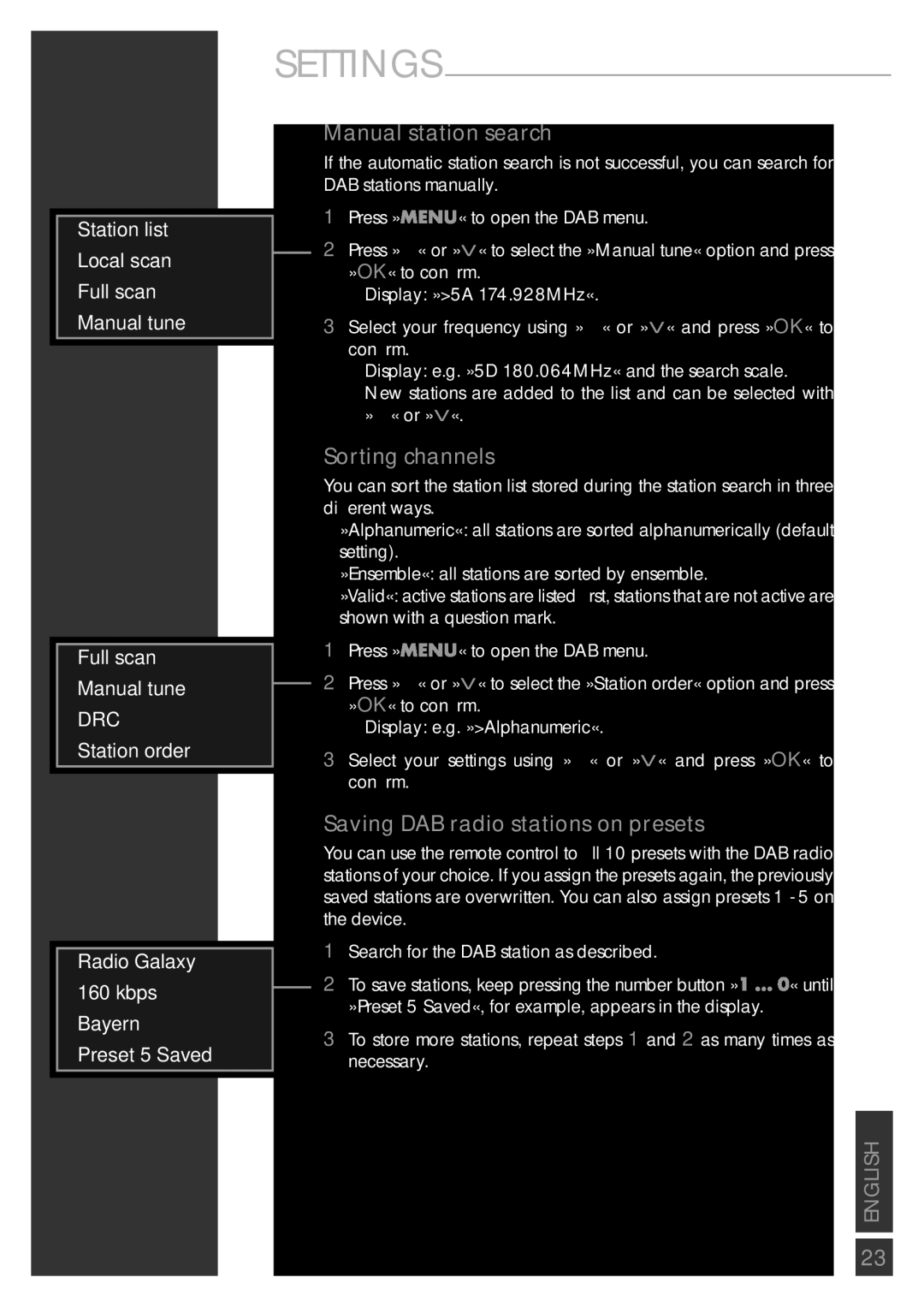 Grundig Sonoclock 890 WEB manual Manual station search, Sorting channels, Saving DAB radio stations on presets 