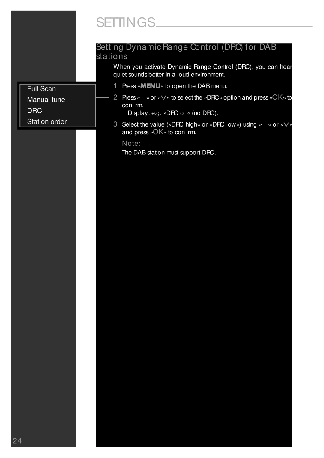 Grundig Sonoclock 890 WEB Setting Dynamic Range Control DRC for DAB stations, Full Scan Manual tune ›DRC Station order 