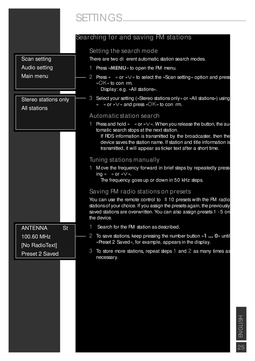 Grundig Sonoclock 890 WEB Searching for and saving FM stations, Setting the search mode, Tuning stations manually 