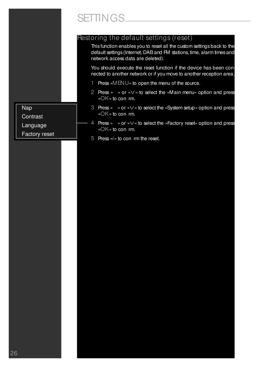 Grundig Sonoclock 890 WEB manual Restoring the default settings reset, Nap Contrast Language › Factory reset 