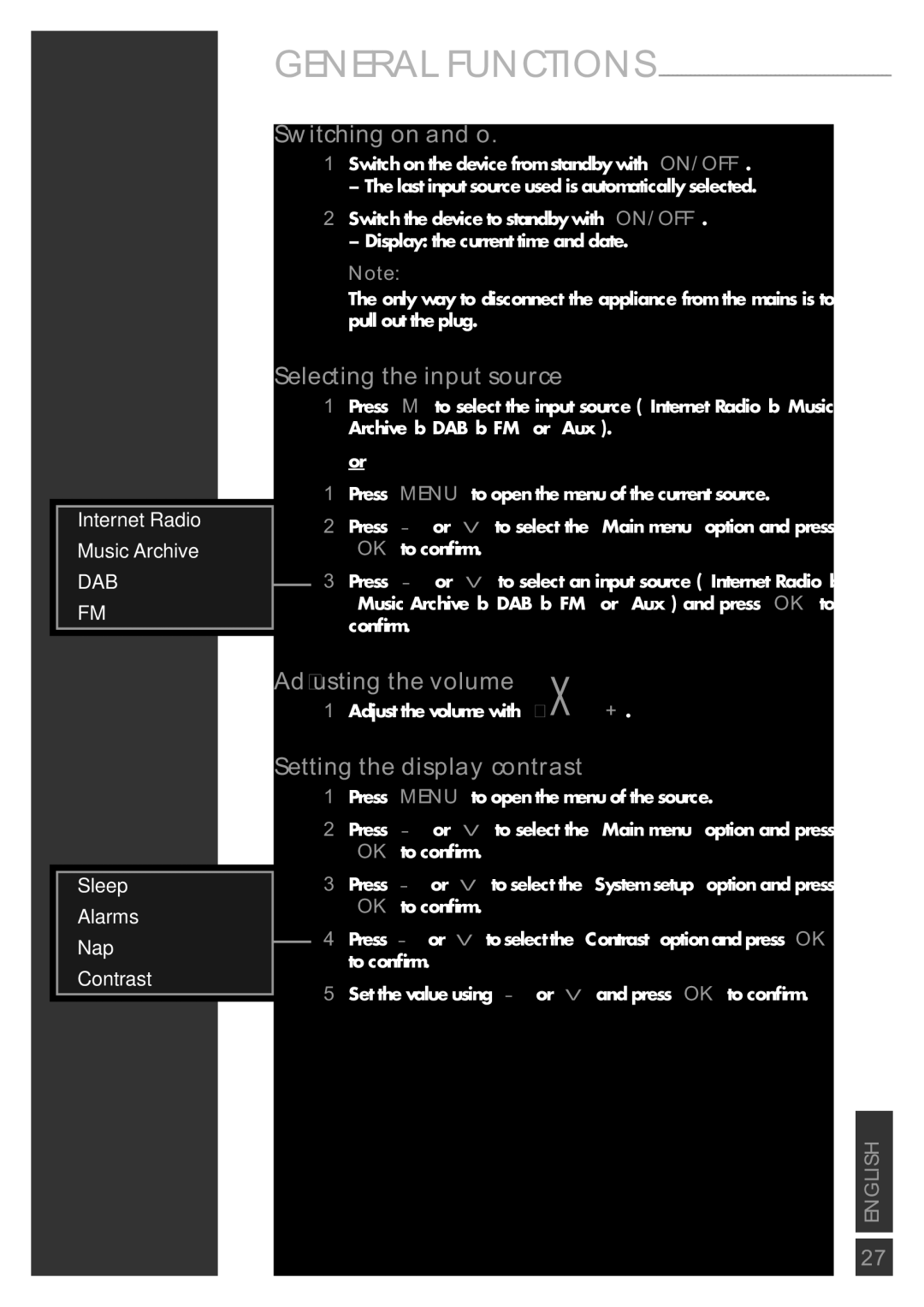 Grundig Sonoclock 890 WEB manual Switching on and oﬀ, Selecting the input source, Adjusting the volume 