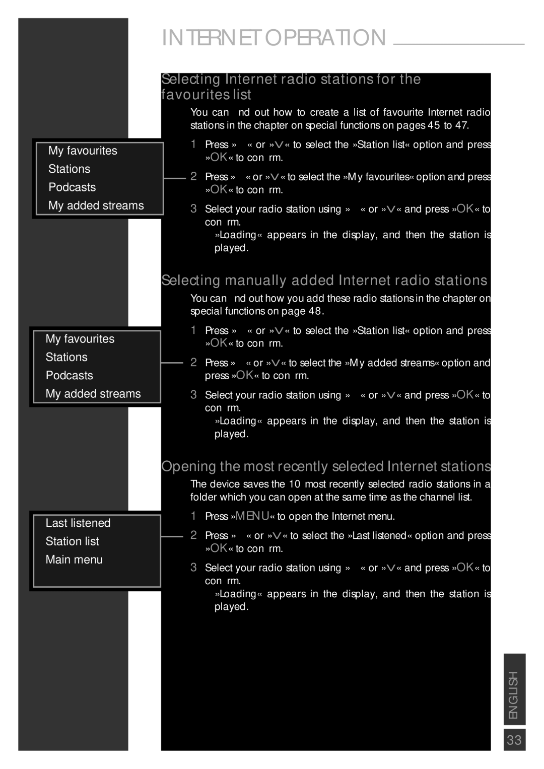 Grundig Sonoclock 890 WEB manual Selecting Internet radio stations for the favourites list 