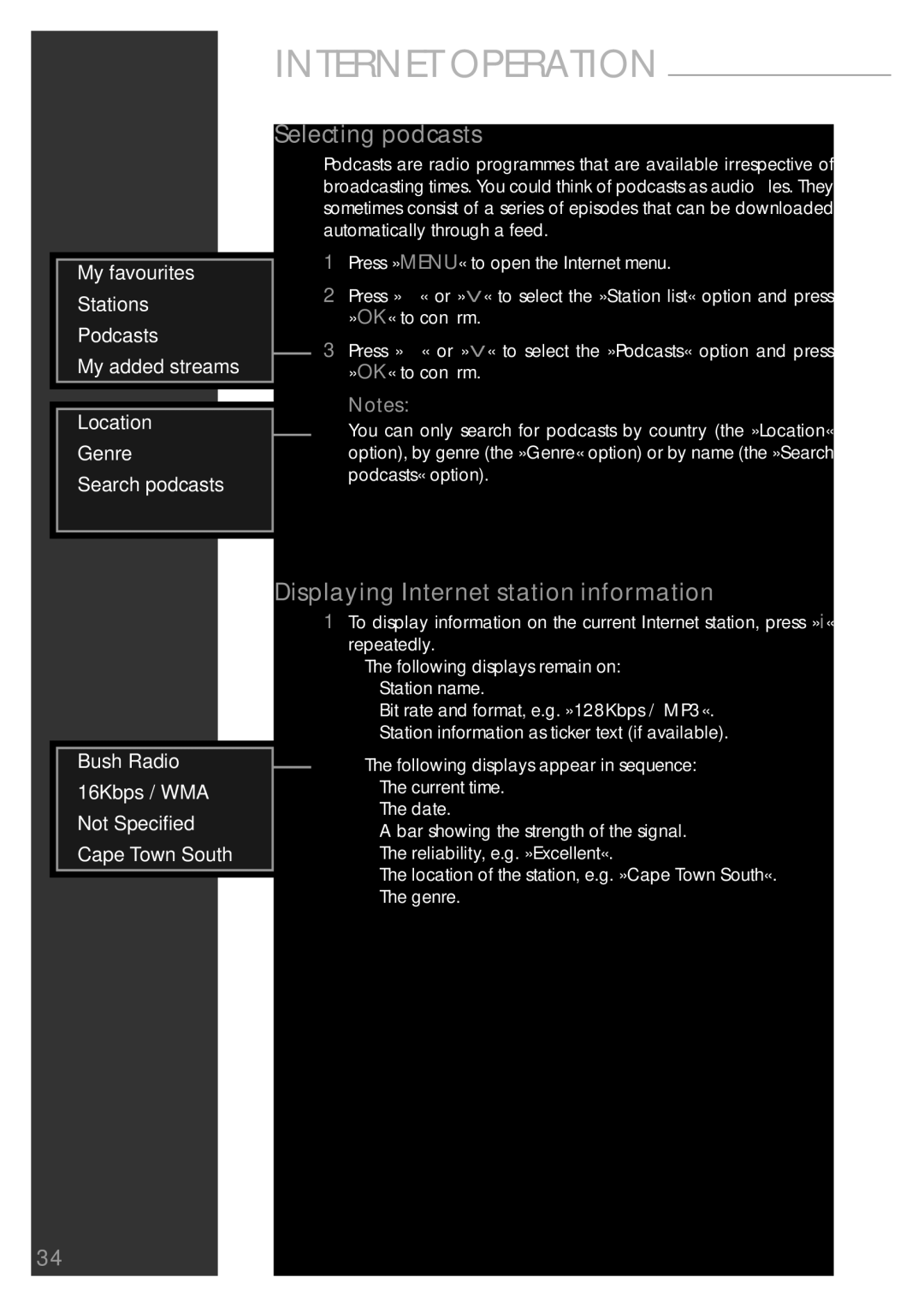 Grundig Sonoclock 890 WEB manual Selecting podcasts, Displaying Internet station information 