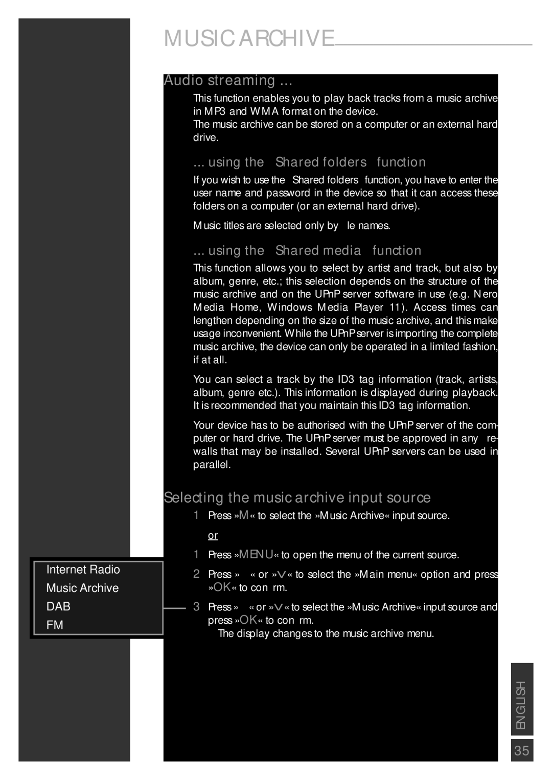 Grundig Sonoclock 890 WEB Audio streaming, Selecting the music archive input source, Using the Shared folders function 