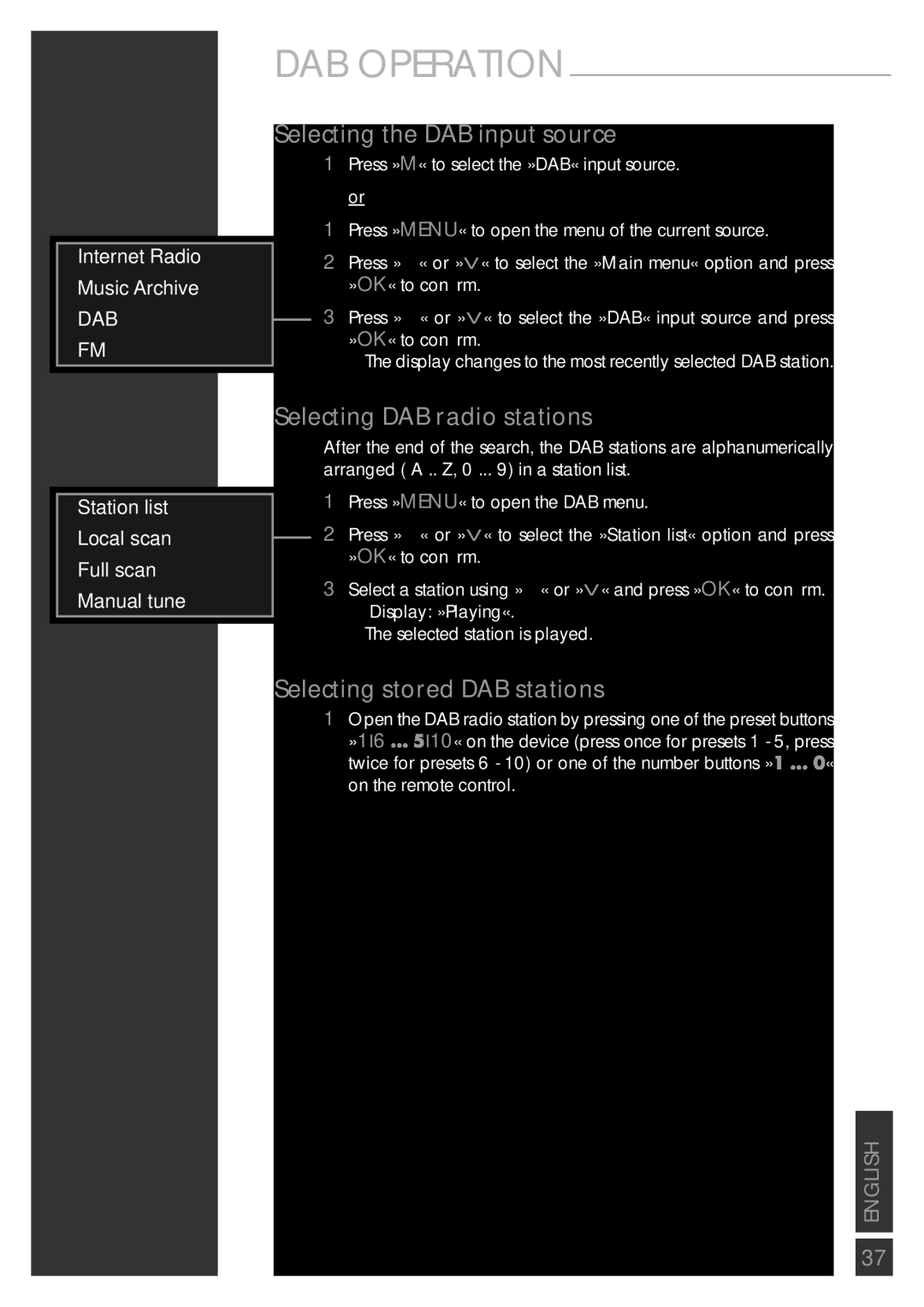 Grundig Sonoclock 890 WEB Selecting the DAB input source, Selecting DAB radio stations, Selecting stored DAB stations 