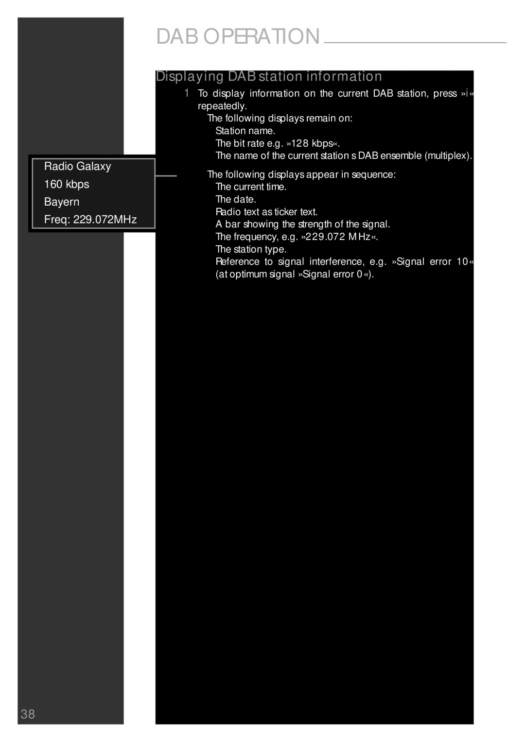 Grundig Sonoclock 890 WEB manual Displaying DAB station information, Radio Galaxy Kbps Bayern Freq 229.072MHz 