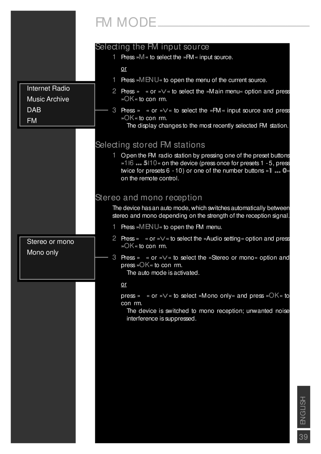 Grundig Sonoclock 890 WEB manual Selecting the FM input source, Selecting stored FM stations, Stereo and mono reception 