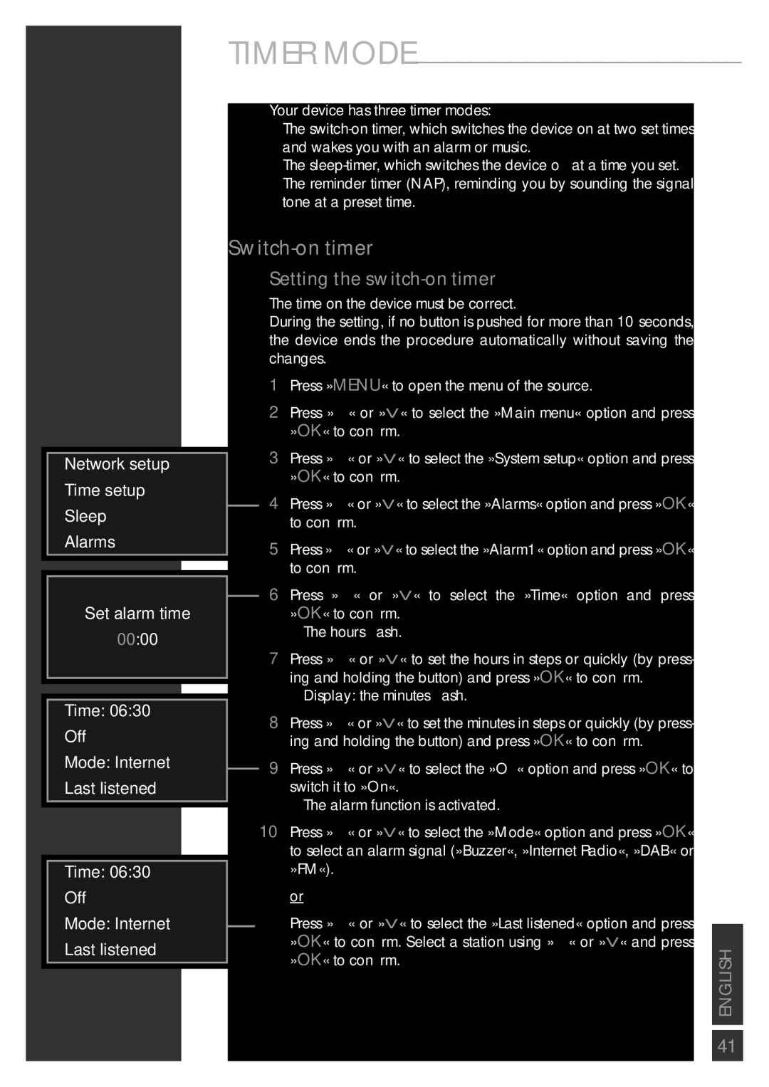 Grundig Sonoclock 890 WEB manual Switch-on timer, Setting the switch-on timer, »Fm«, » OK« to conﬁrm 