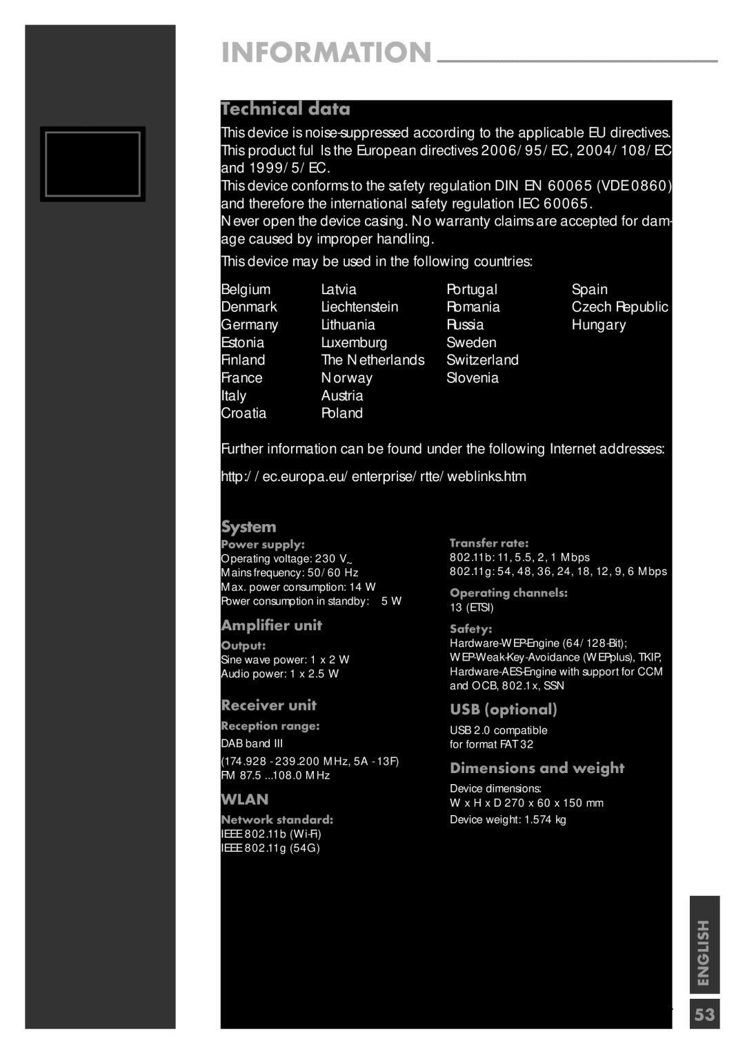 Grundig Sonoclock 890 WEB manual Technical data, System, Technical and design modiﬁcations reserved 