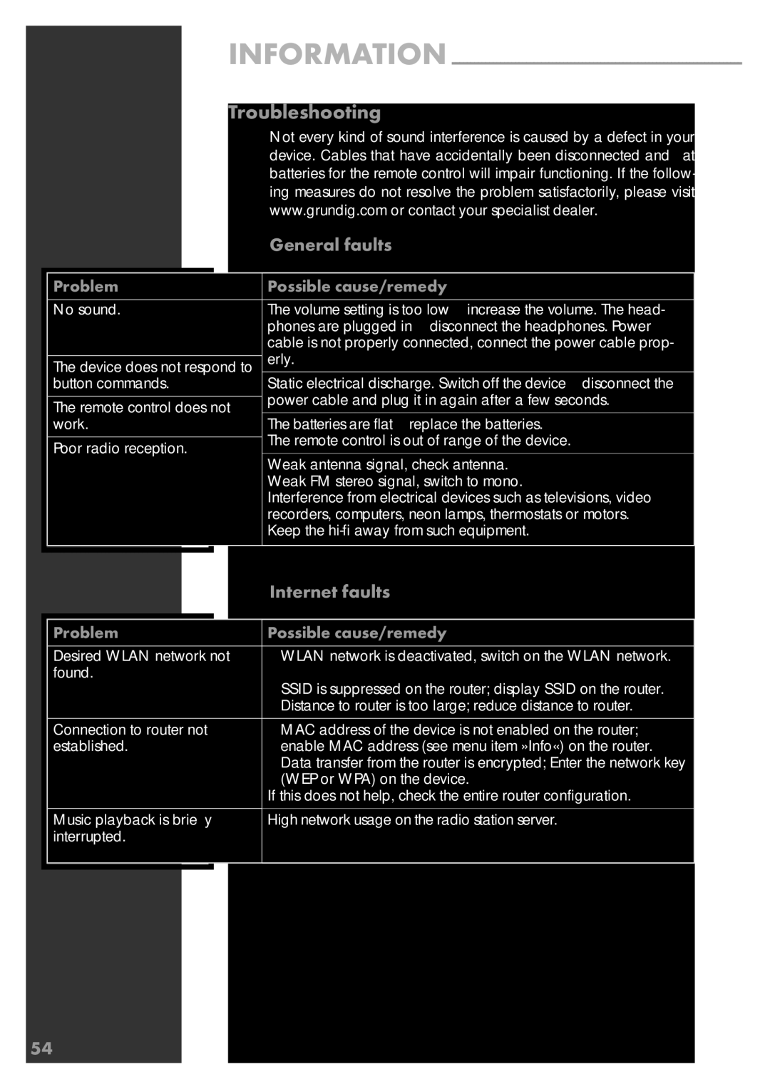 Grundig Sonoclock 890 WEB manual Troubleshooting, Information, General faults, Internet faults 