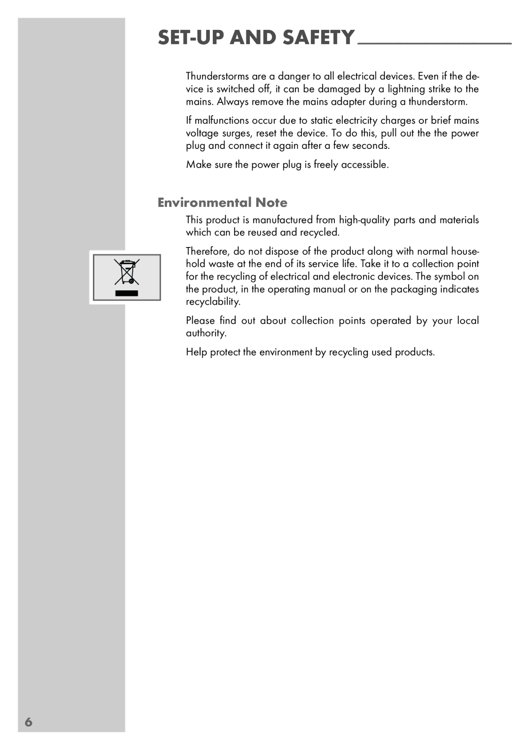 Grundig Sonoclock 890 WEB manual Environmental Note, Make sure the power plug is freely accessible 