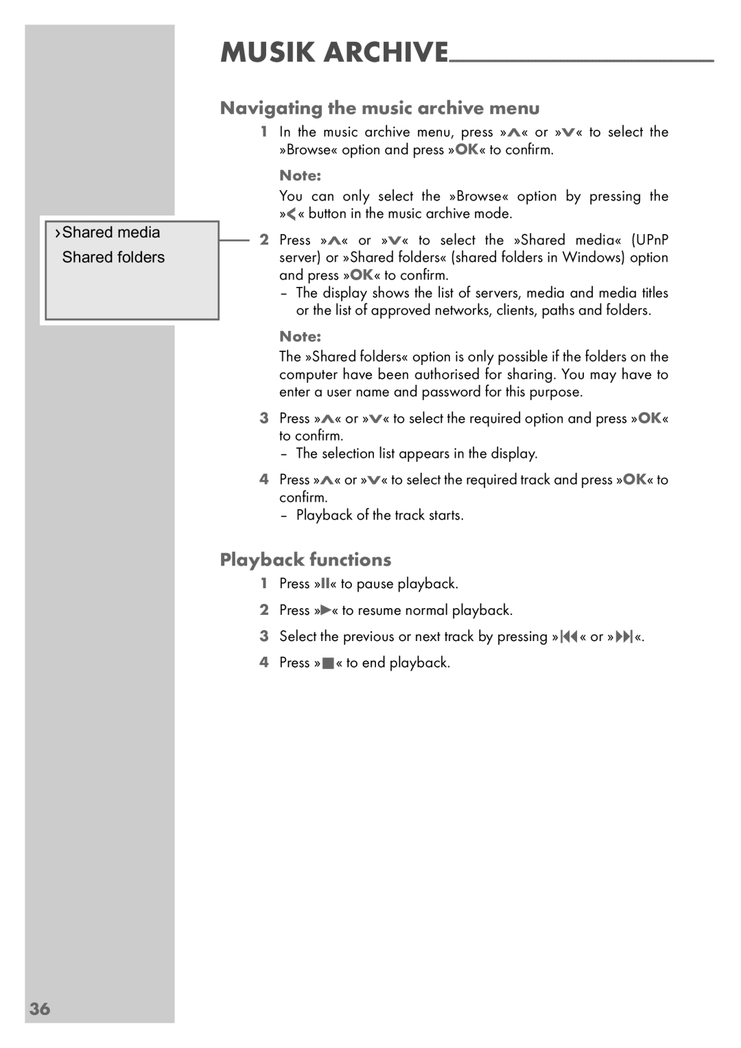 Grundig Sonoclock 890 WEB manual Navigating the music archive menu, Playback functions 